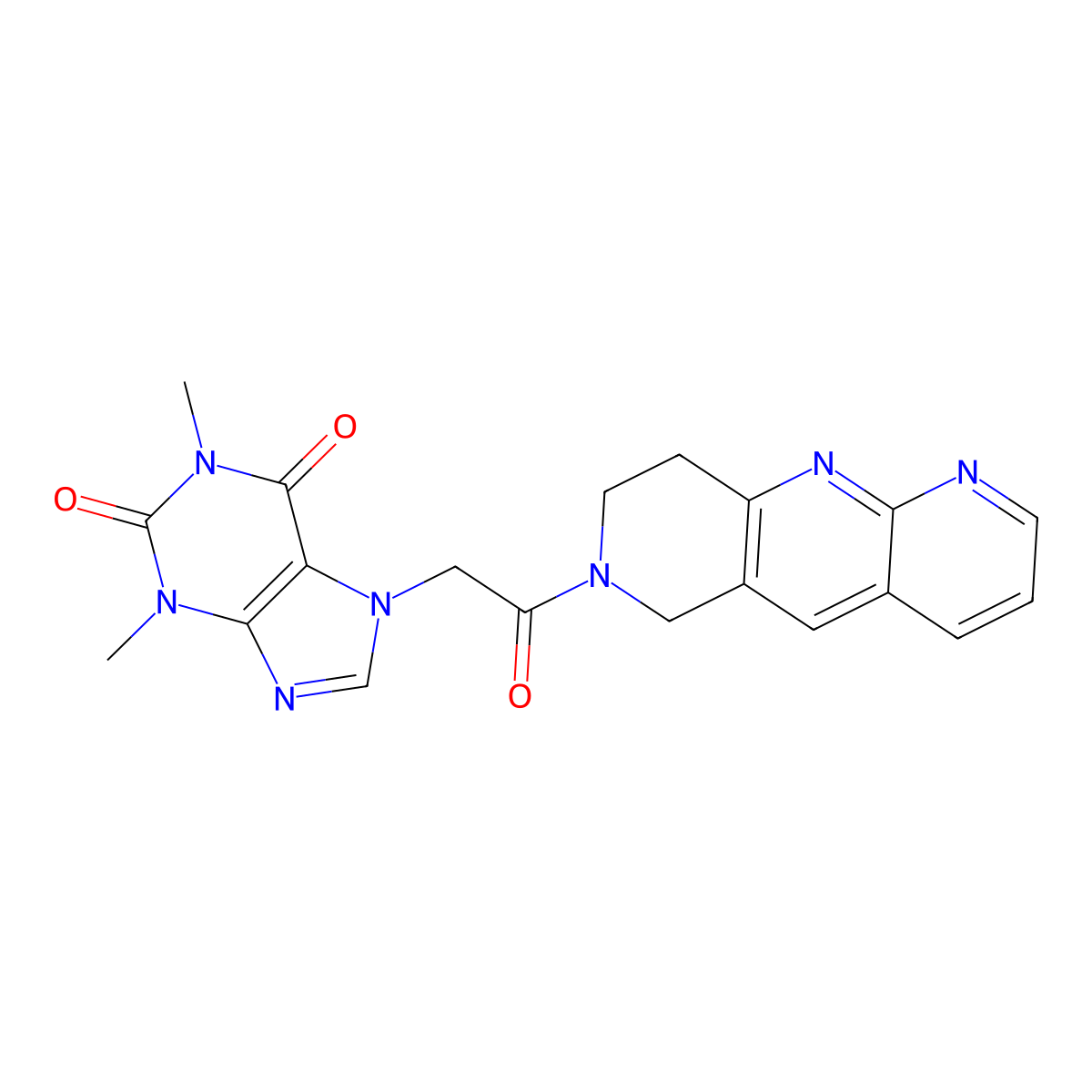 1,3-dimethyl-7-(2-oxo-2-{6H,7H,8H,9H-pyrido[2,3-b]1,6-naphthyridin-7-yl}ethyl)-2,3,6,7-tetrahydro-1H-purine-2,6-dione molecular structure, CAS 2770631-80-4