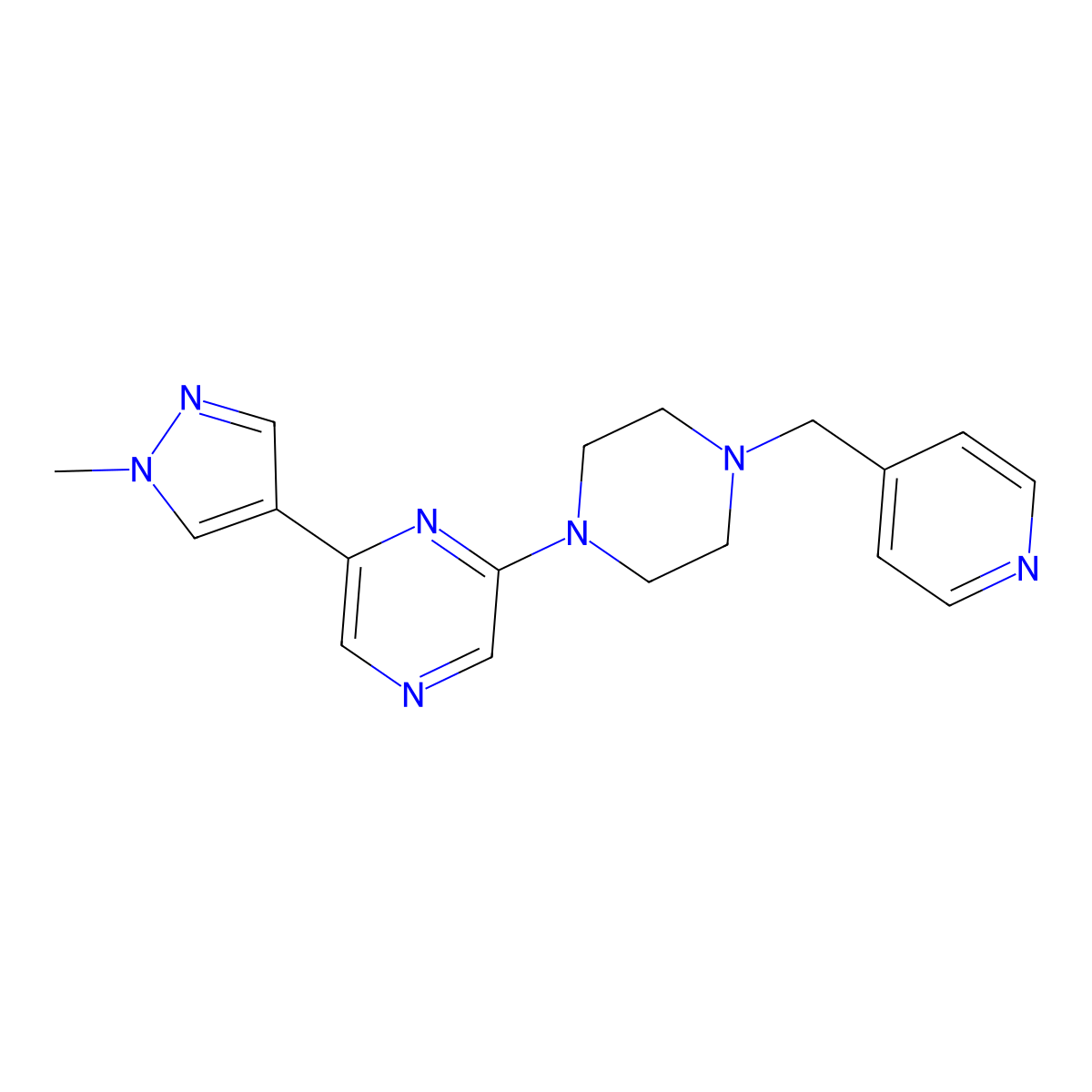 2-(1-methyl-1H-pyrazol-4-yl)-6-{4-[(pyridin-4-yl)methyl]piperazin-1-yl}pyrazine molecular structure, CAS 2770631-87-1