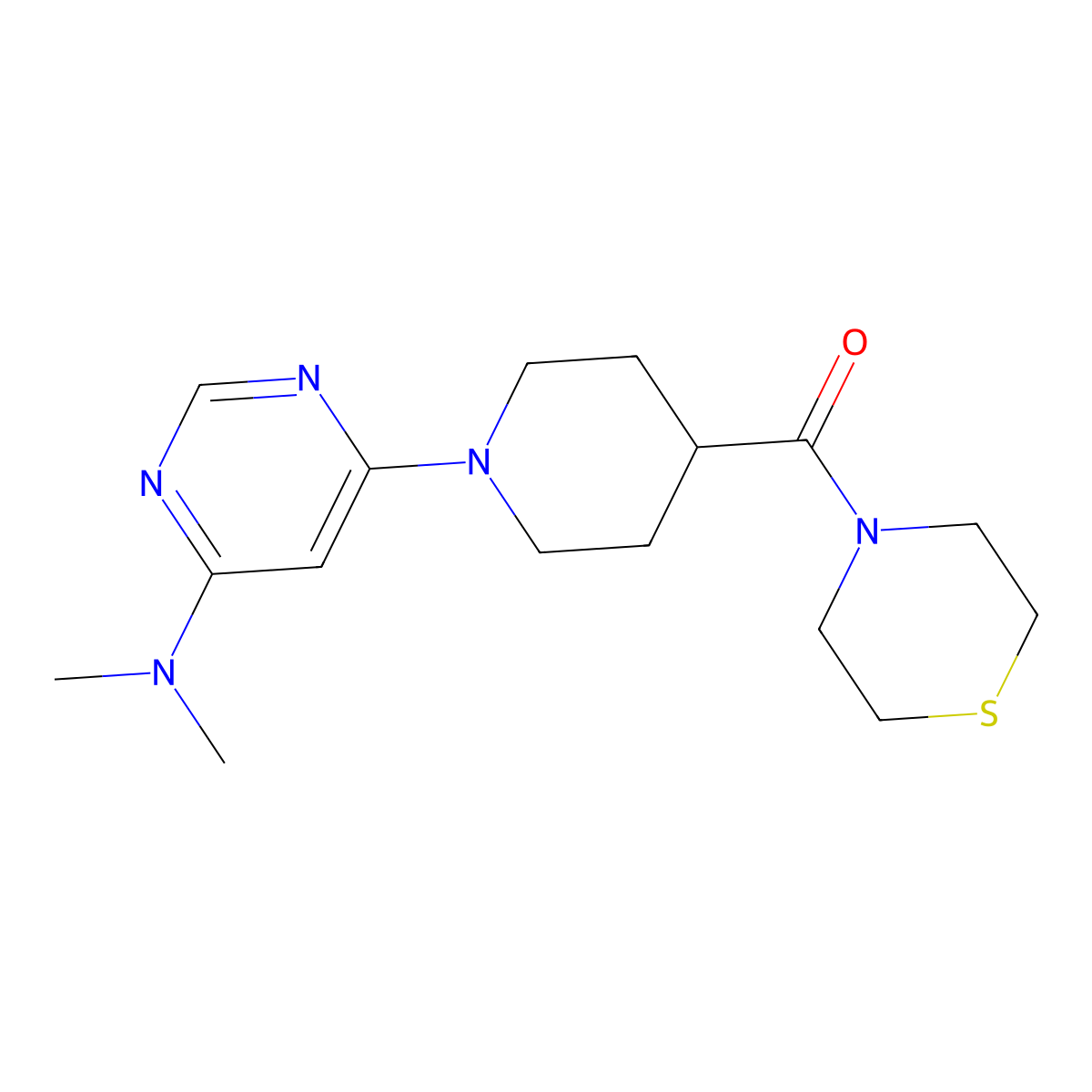 N,N-dimethyl-6-[4-(thiomorpholine-4-carbonyl)piperidin-1-yl]pyrimidin-4-amine molecular structure, CAS 2770632-09-0