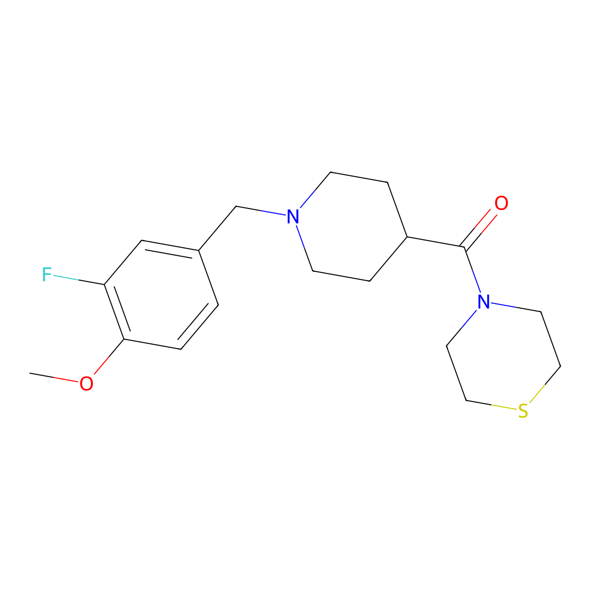 4-{1-[(3-Fluoro-4-methoxyphenyl)methyl]piperidine-4-carbonyl}thiomorpholine molecular structure, CAS 2770632-11-4