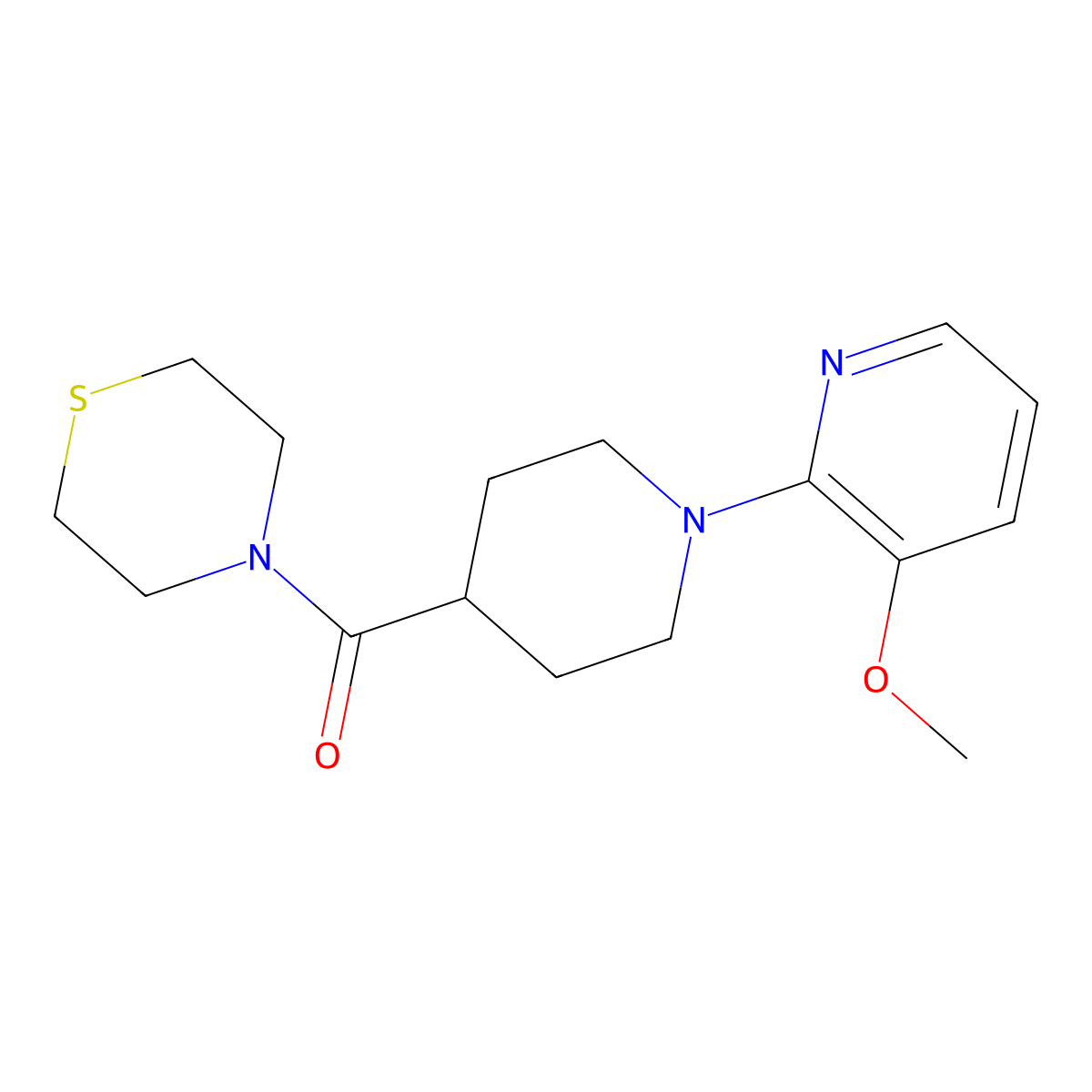 4-[1-(3-Methoxypyridin-2-yl)piperidine-4-carbonyl]thiomorpholine molecular structure, CAS 2770632-15-8