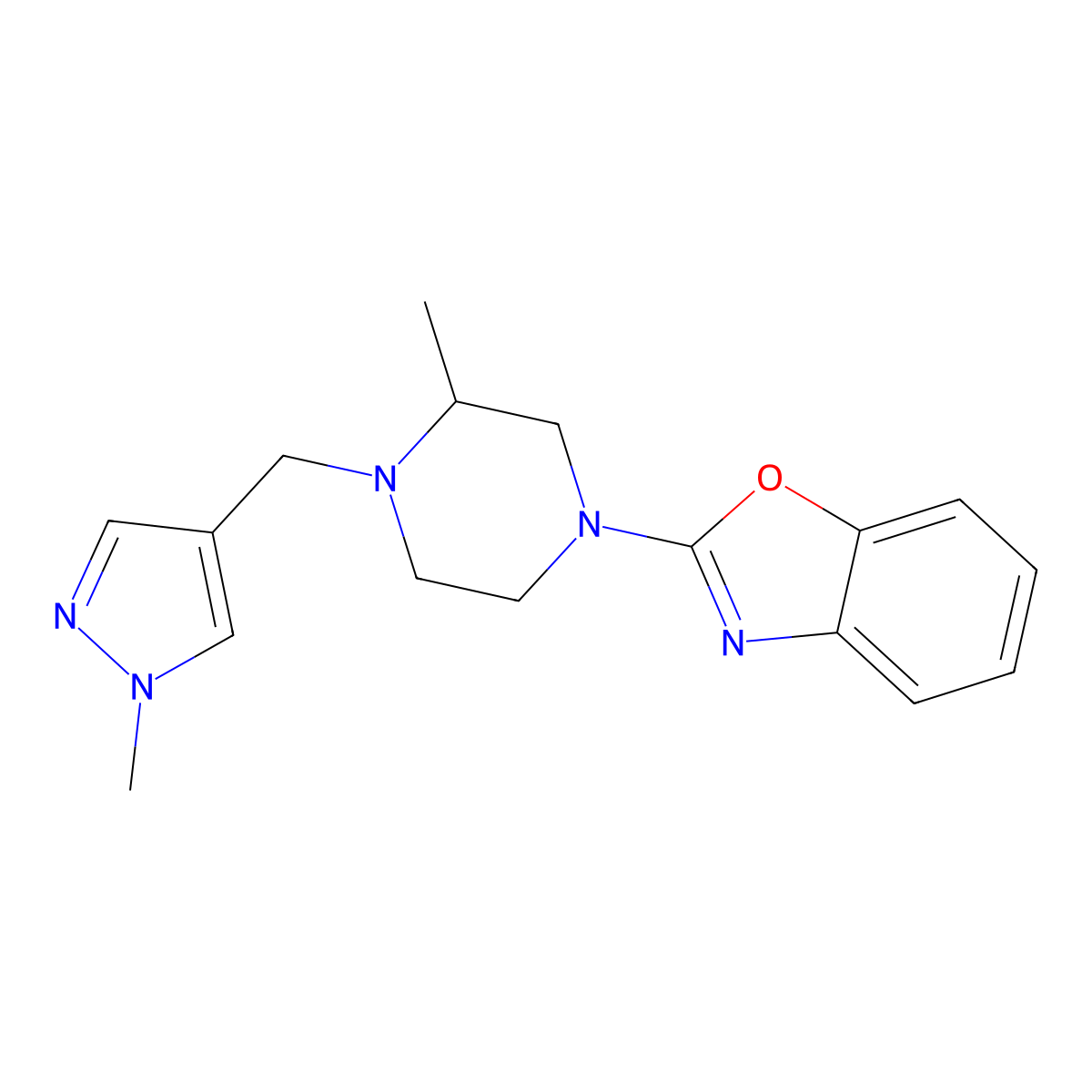 2-{3-methyl-4-[(1-methyl-1H-pyrazol-4-yl)methyl]piperazin-1-yl}-1,3-benzoxazole molecular structure, CAS 2770632-23-8