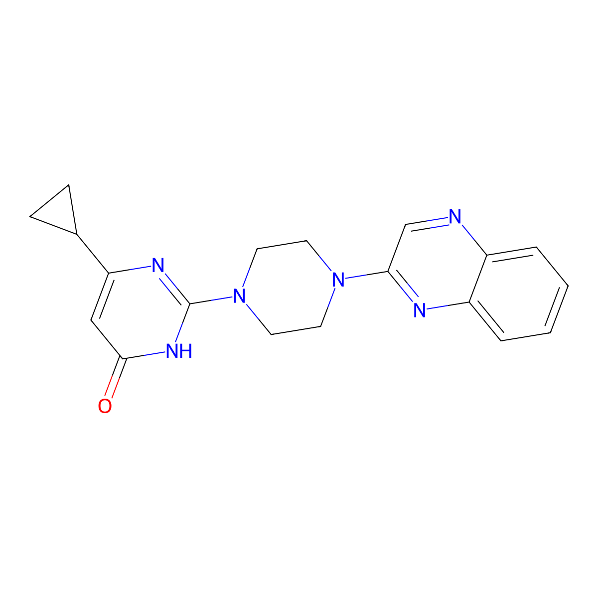 6-Cyclopropyl-2-[4-(quinoxalin-2-yl)piperazin-1-yl]-3,4-dihydropyrimidin-4-one molecular structure, CAS 2770632-35-2