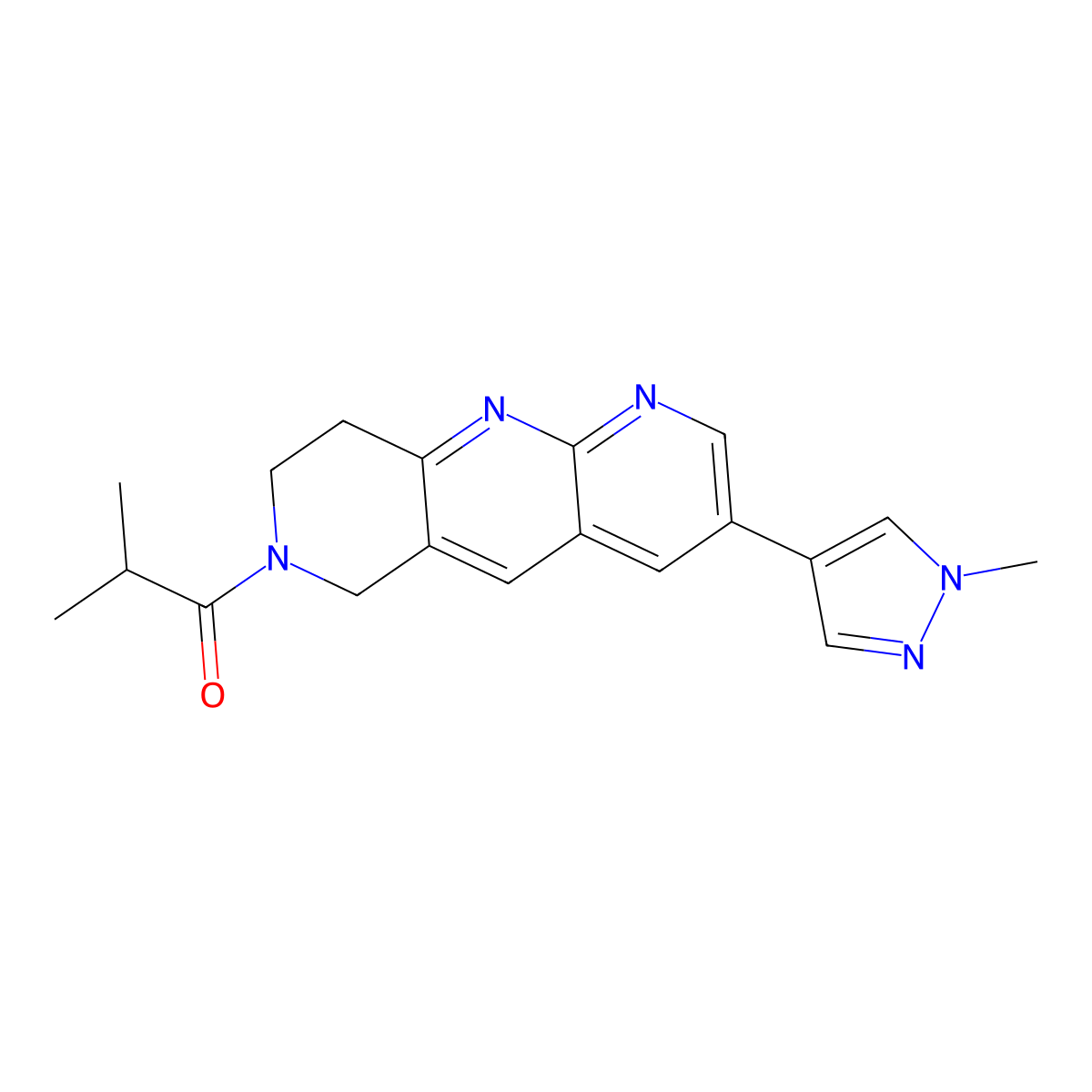 2-methyl-1-[3-(1-methyl-1H-pyrazol-4-yl)-6H,7H,8H,9H-pyrido[2,3-b]1,6-naphthyridin-7-yl]propan-1-one molecular structure, CAS 2770632-36-3