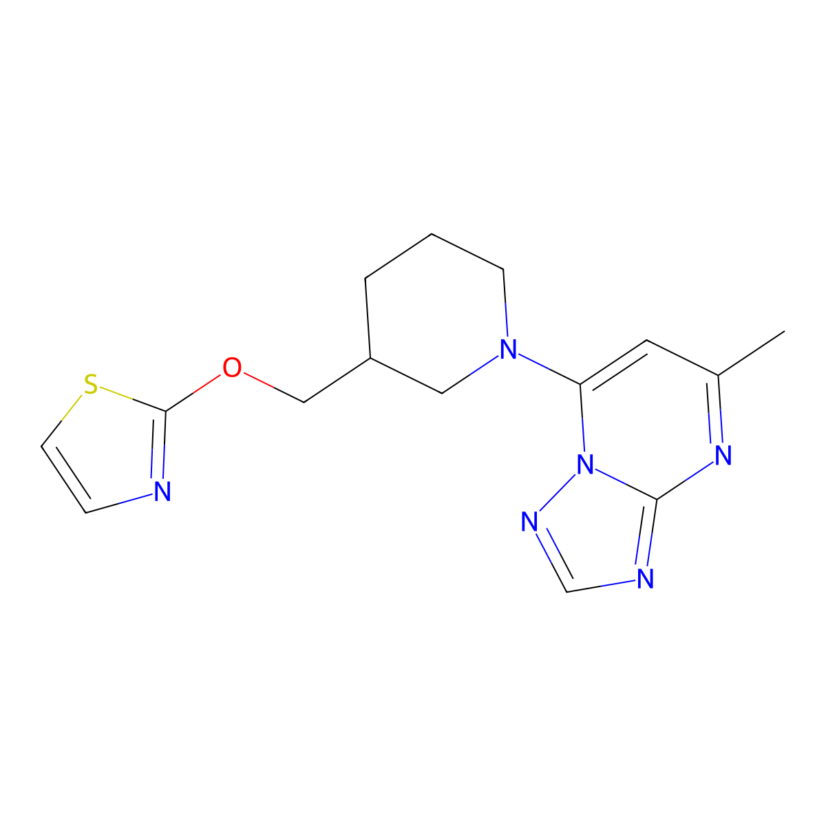 1-{5-Methyl-[1,2,4]triazolo[1,5-a]pyrimidin-7-yl}-3-[(1,3-thiazol-2-yloxy)methyl]piperidine molecular structure, CAS 2770632-38-5