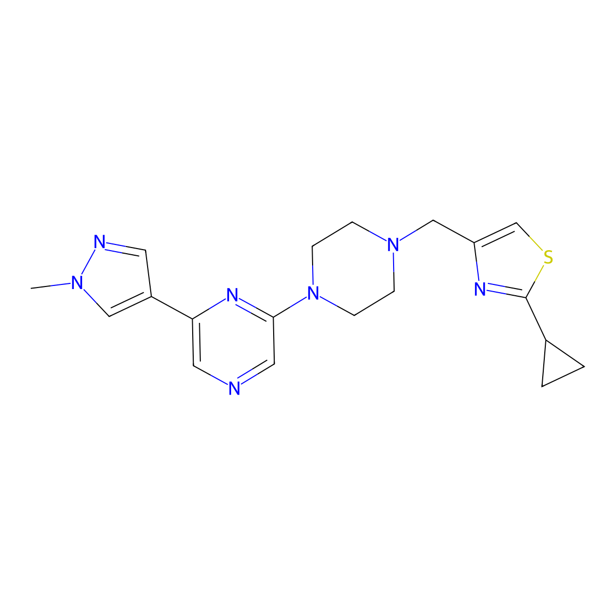 2-{4-[(2-cyclopropyl-1,3-thiazol-4-yl)methyl]piperazin-1-yl}-6-(1-methyl-1H-pyrazol-4-yl)pyrazine molecular structure, CAS 2770632-45-4