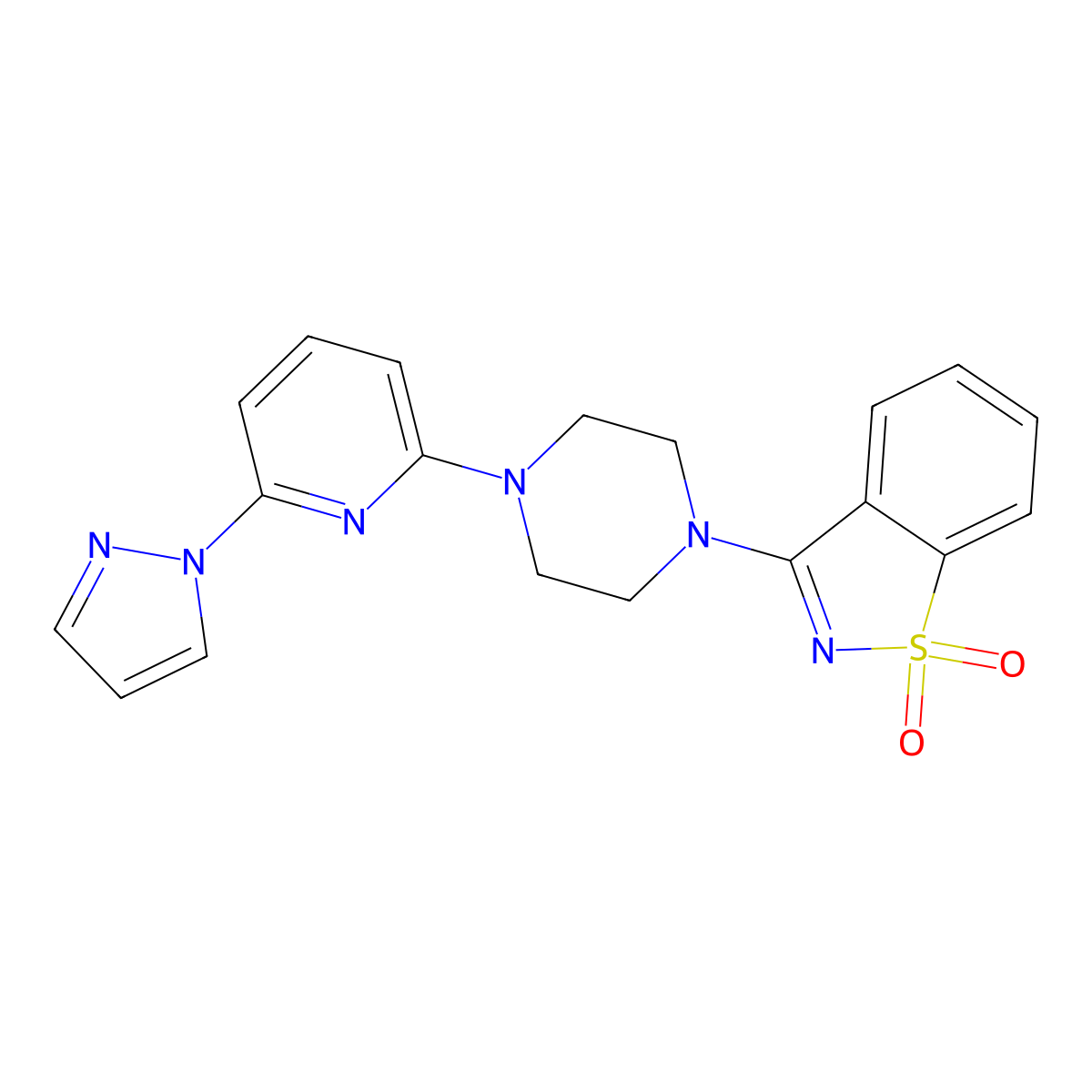 3-[4-(6-Pyrazol-1-yl-2-pyridinyl)piperazin-1-yl]-1,2-benzothiazole 1,1-dioxide molecular structure, CAS 2770632-55-6
