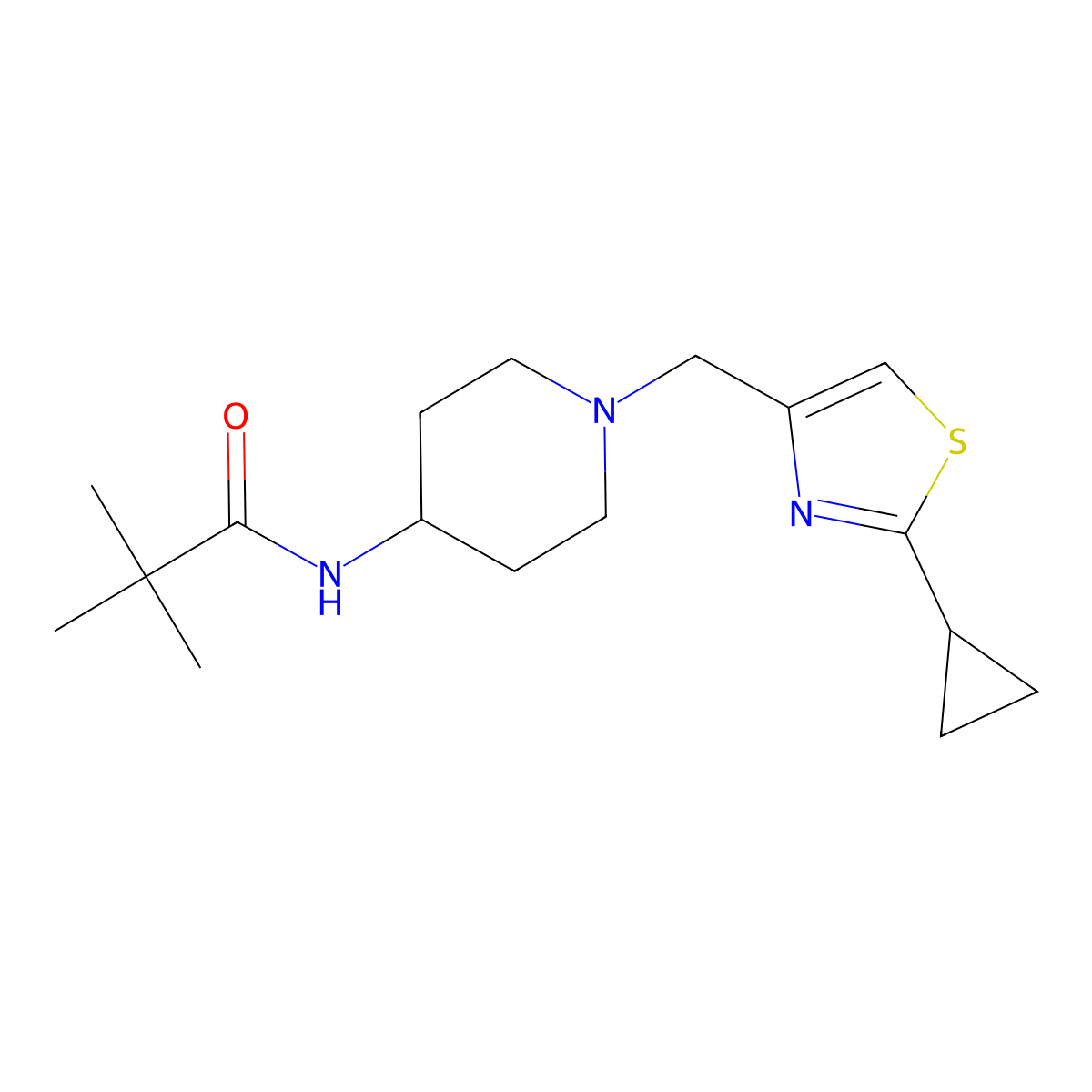 N-{1-[(2-cyclopropyl-1,3-thiazol-4-yl)methyl]piperidin-4-yl}-2,2-dimethylpropanamide molecular structure, CAS 2770632-72-7
