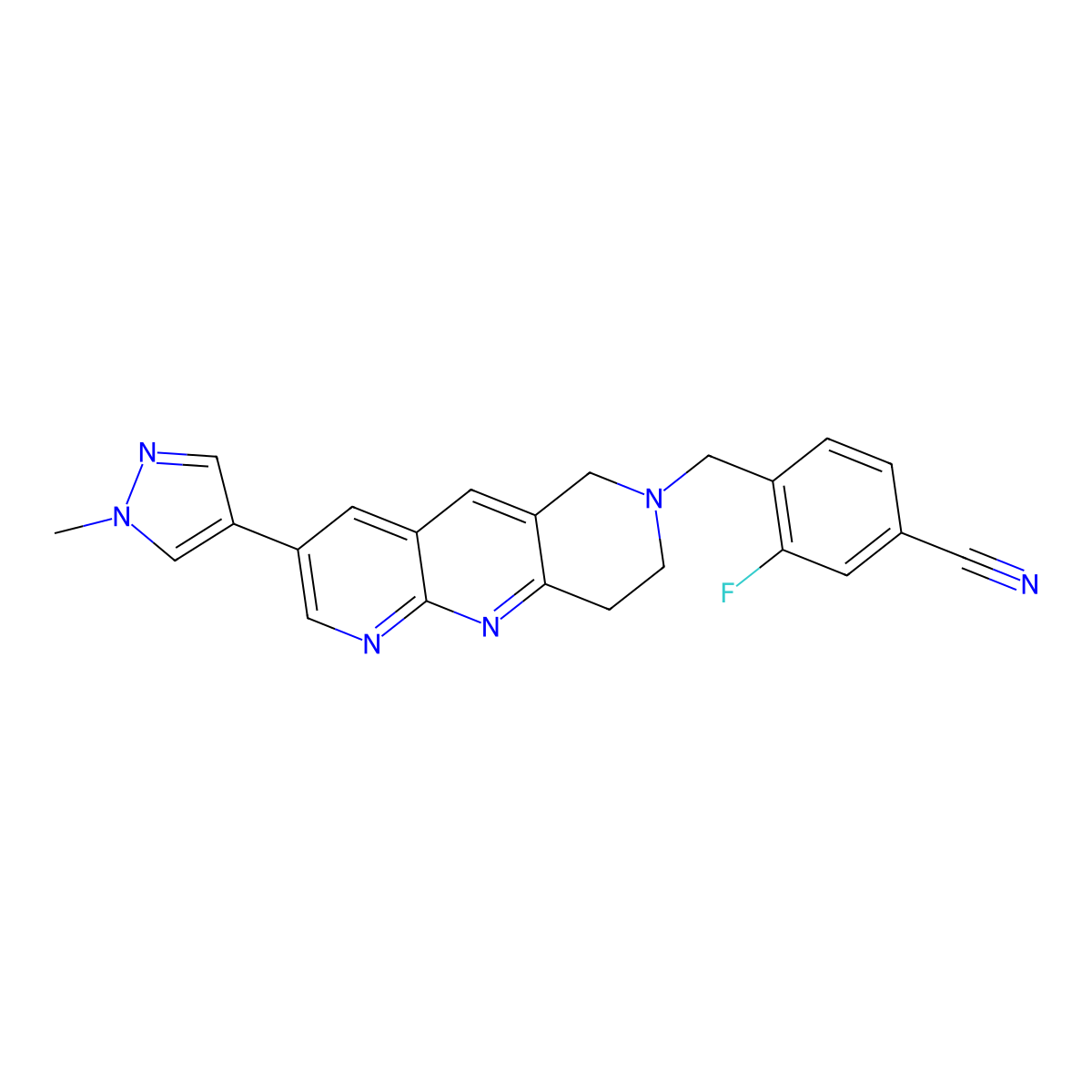 3-fluoro-4-{[3-(1-methyl-1H-pyrazol-4-yl)-6H,7H,8H,9H-pyrido[2,3-b]1,6-naphthyridin-7-yl]methyl}benzonitrile molecular structure, CAS 2770632-74-9