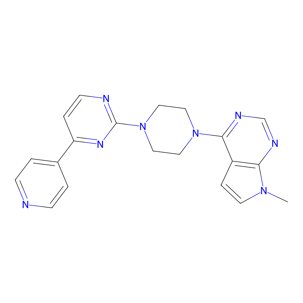2-(4-{7-methyl-7H-pyrrolo[2,3-d]pyrimidin-4-yl}piperazin-1-yl)-4-(pyridin-4-yl)pyrimidine molecular structure, CAS 2770632-82-9