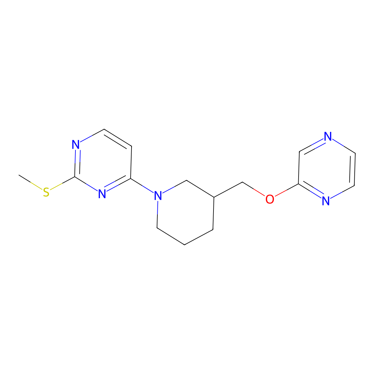 2-(Methylsulfanyl)-4-{3-[(pyrazin-2-yloxy)methyl]piperidin-1-yl}pyrimidine molecular structure, CAS 2770632-92-1