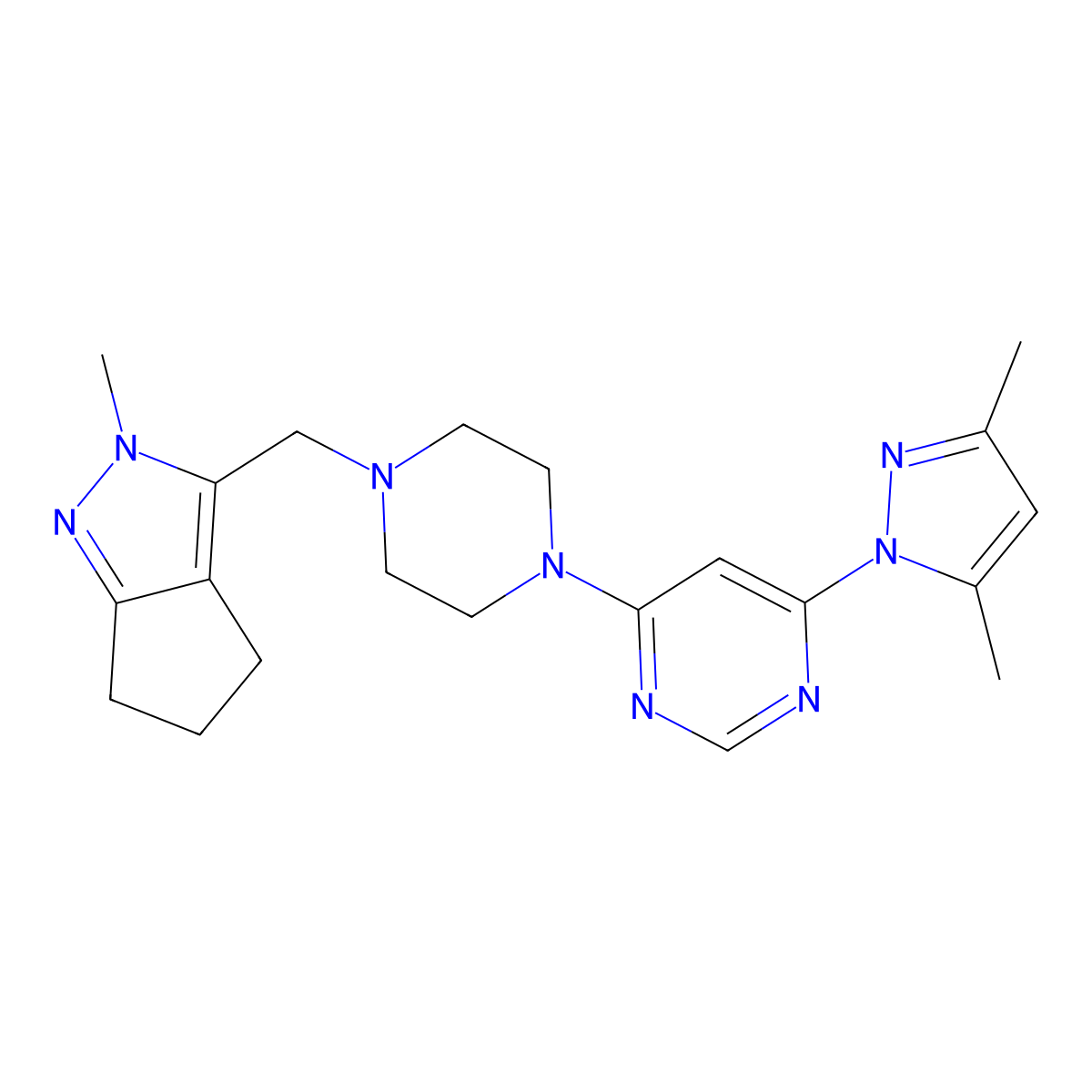 4-(3,5-dimethyl-1H-pyrazol-1-yl)-6-[4-({2-methyl-2H,4H,5H,6H-cyclopenta[c]pyrazol-3-yl}methyl)piperazin-1-yl]pyrimidine molecular structure, CAS 2770632-94-3