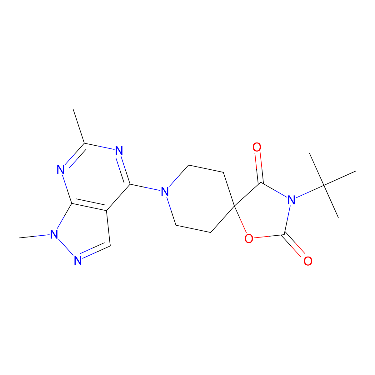 3-tert-butyl-8-{1,6-dimethyl-1H-pyrazolo[3,4-d]pyrimidin-4-yl}-1-oxa-3,8-diazaspiro[4.5]decane-2,4-dione molecular structure, CAS 2770632-95-4
