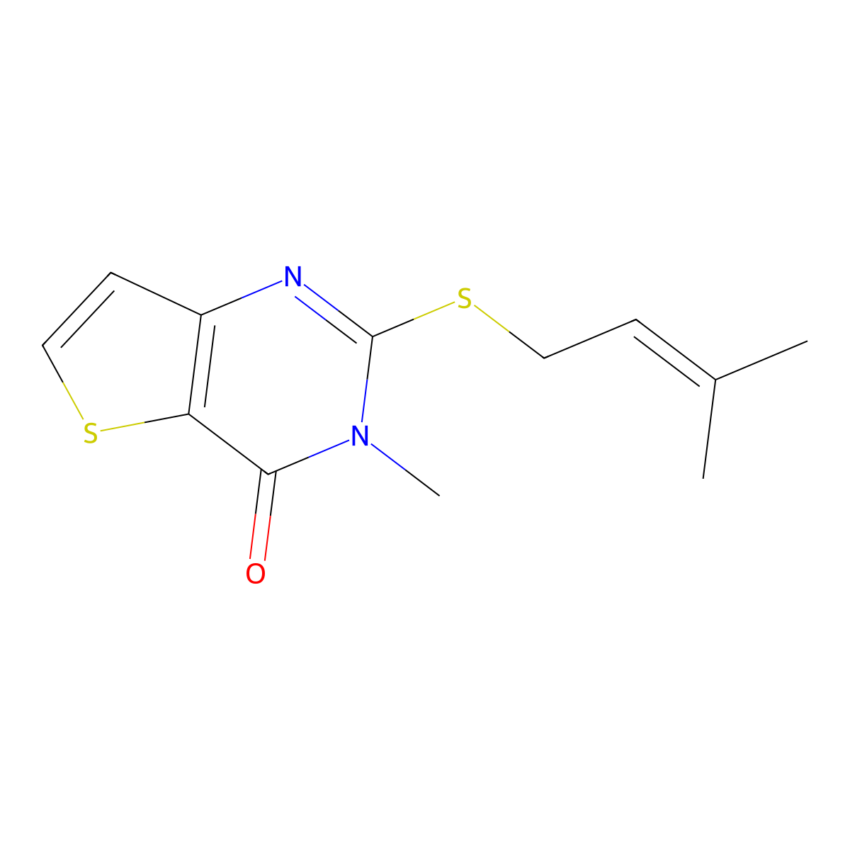 3-methyl-2-[(3-methylbut-2-en-1-yl)sulfanyl]-3H,4H-thieno[3,2-d]pyrimidin-4-one molecular structure, CAS 2770633-00-4