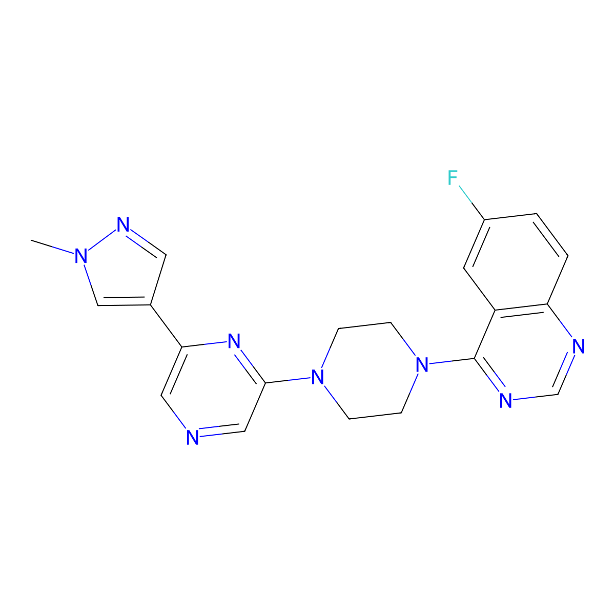 6-fluoro-4-{4-[6-(1-methyl-1H-pyrazol-4-yl)pyrazin-2-yl]piperazin-1-yl}quinazoline molecular structure, CAS 2770633-09-3