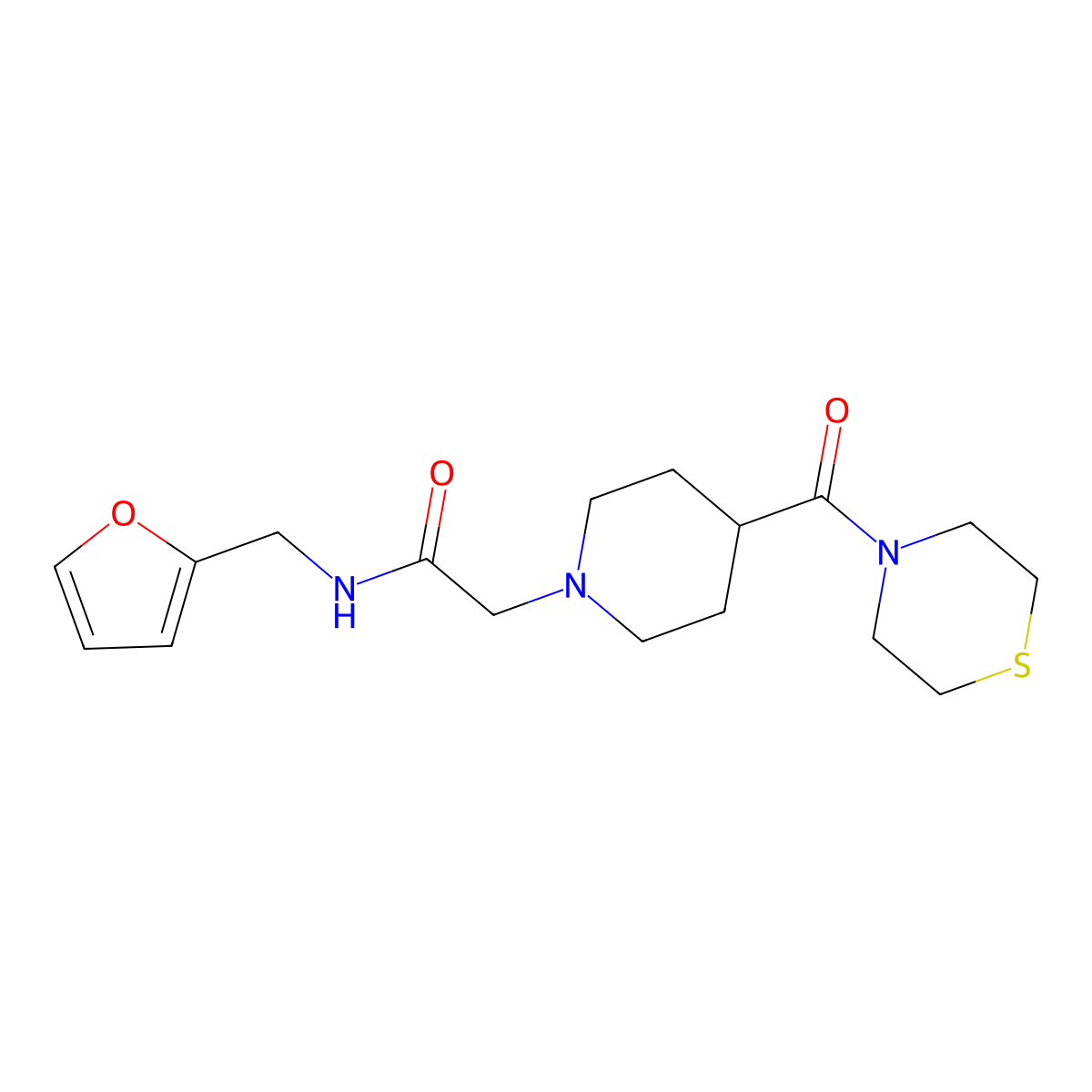 N-[(furan-2-yl)methyl]-2-[4-(thiomorpholine-4-carbonyl)piperidin-1-yl]acetamide molecular structure, CAS 2770633-13-9