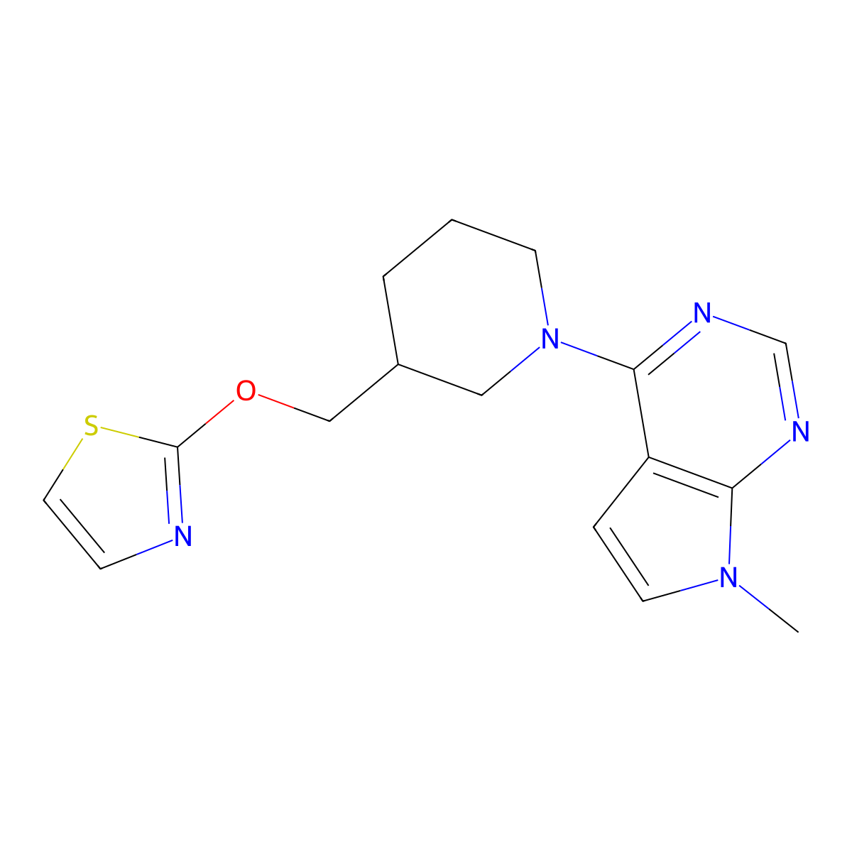 1-{7-methyl-7H-pyrrolo[2,3-d]pyrimidin-4-yl}-3-[(1,3-thiazol-2-yloxy)methyl]piperidine molecular structure, CAS 2770633-18-4