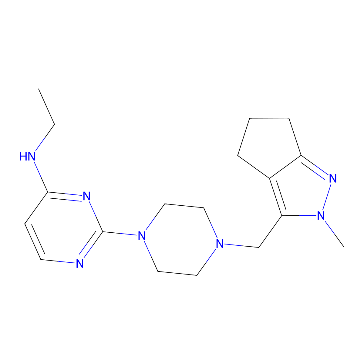 N-ethyl-2-[4-({2-methyl-2H,4H,5H,6H-cyclopenta[c]pyrazol-3-yl}methyl)piperazin-1-yl]pyrimidin-4-amine molecular structure, CAS 2770633-29-7