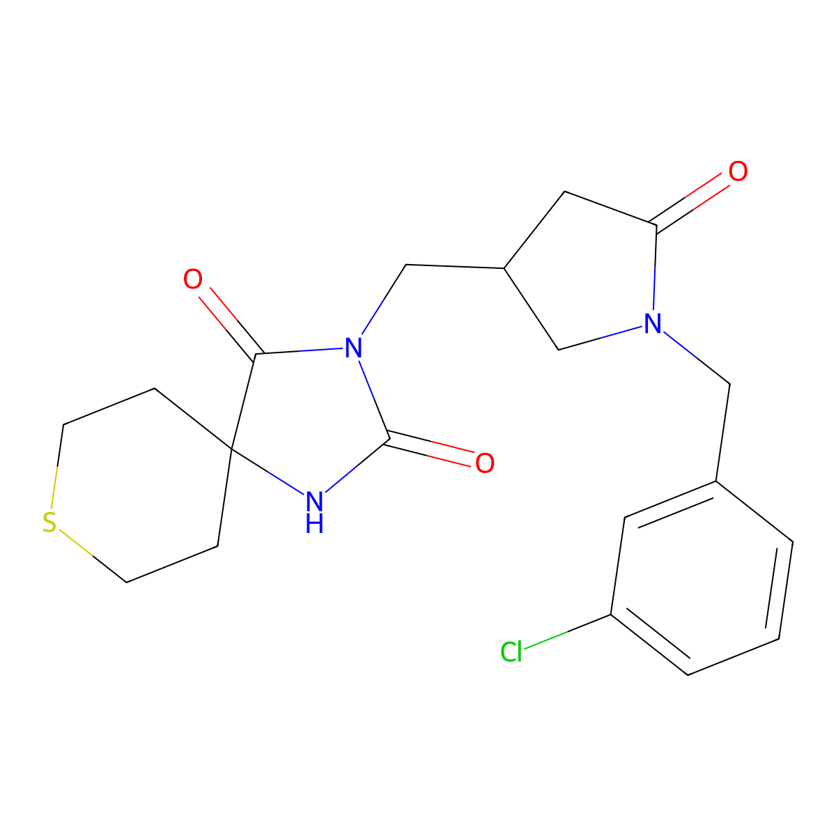 3-({1-[(3-Chlorophenyl)methyl]-5-oxopyrrolidin-3-yl}methyl)-8-thia-1,3-diazaspiro[4.5]decane-2,4-dione molecular structure, CAS 2770633-30-0