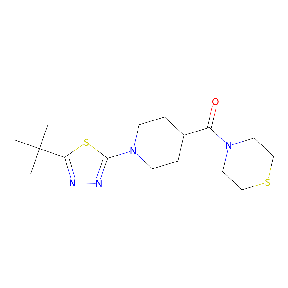4-[1-(5-Tert-butyl-1,3,4-thiadiazol-2-yl)piperidine-4-carbonyl]thiomorpholine molecular structure, CAS 2770633-31-1