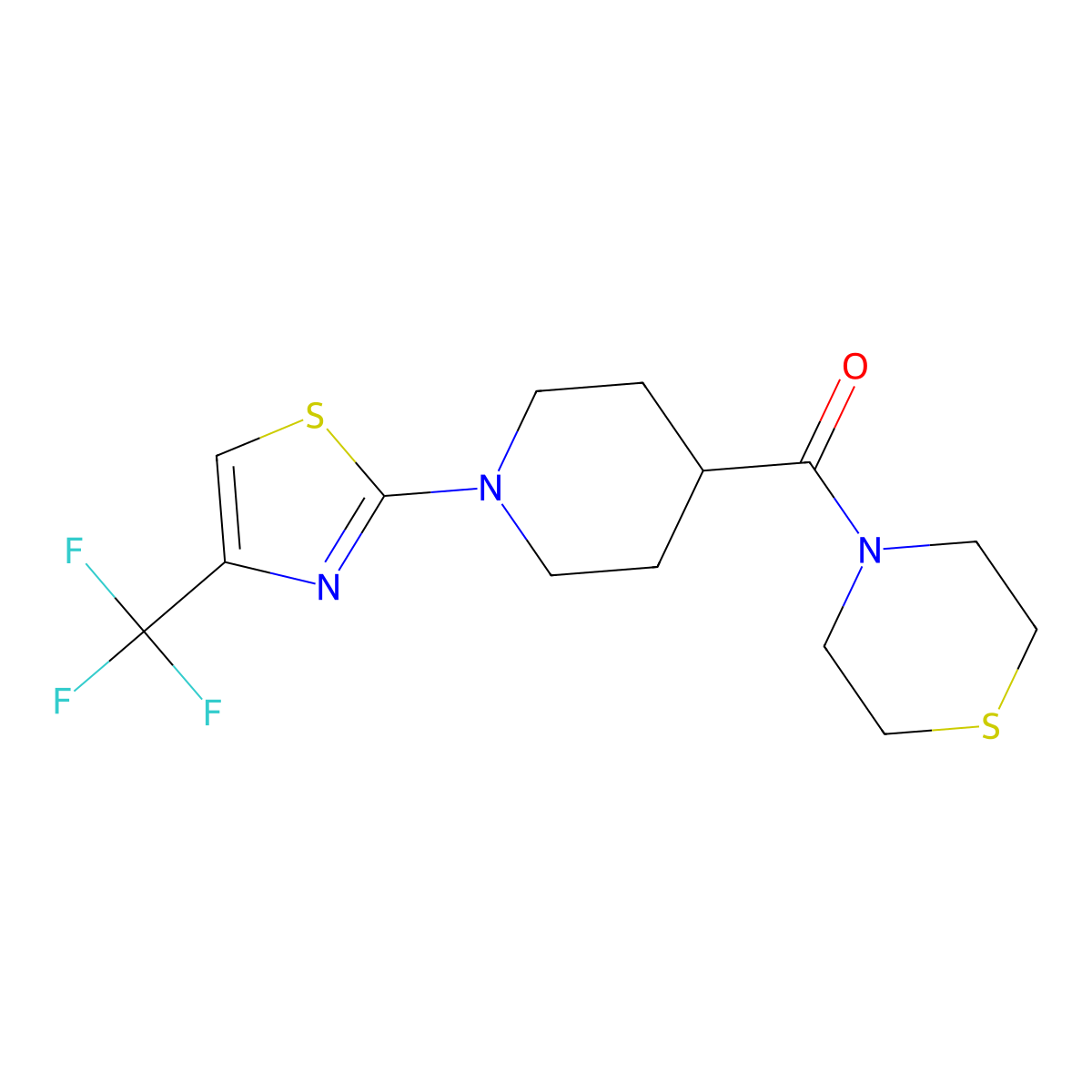 4-{1-[4-(Trifluoromethyl)-1,3-thiazol-2-yl]piperidine-4-carbonyl}thiomorpholine molecular structure, CAS 2770633-41-3