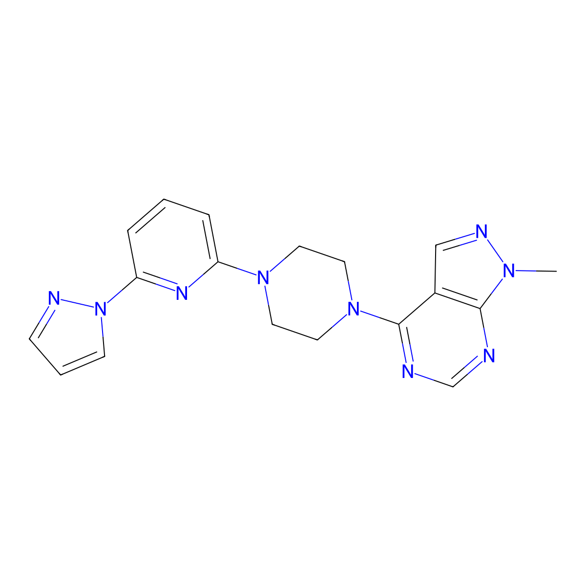 1-{1-methyl-1H-pyrazolo[3,4-d]pyrimidin-4-yl}-4-[6-(1H-pyrazol-1-yl)pyridin-2-yl]piperazine molecular structure, CAS 2770633-44-6