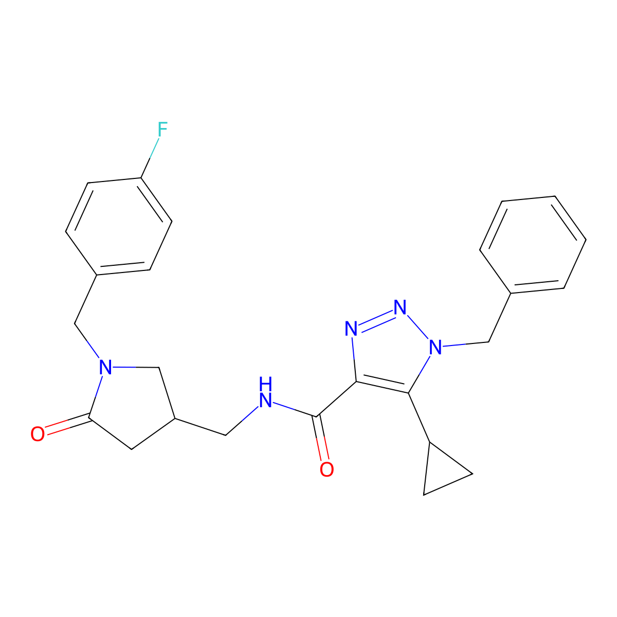 1-benzyl-5-cyclopropyl-N-({1-[(4-fluorophenyl)methyl]-5-oxopyrrolidin-3-yl}methyl)-1H-1,2,3-triazole-4-carboxamide molecular structure, CAS 2770633-46-8