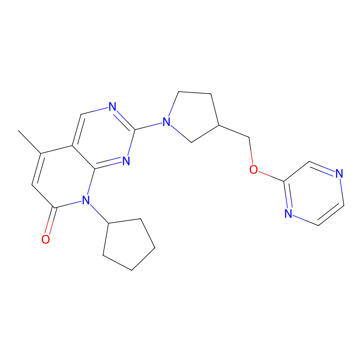 8-cyclopentyl-5-methyl-2-{3-[(pyrazin-2-yloxy)methyl]pyrrolidin-1-yl}-7H,8H-pyrido[2,3-d]pyrimidin-7-one molecular structure, CAS 2770633-52-6