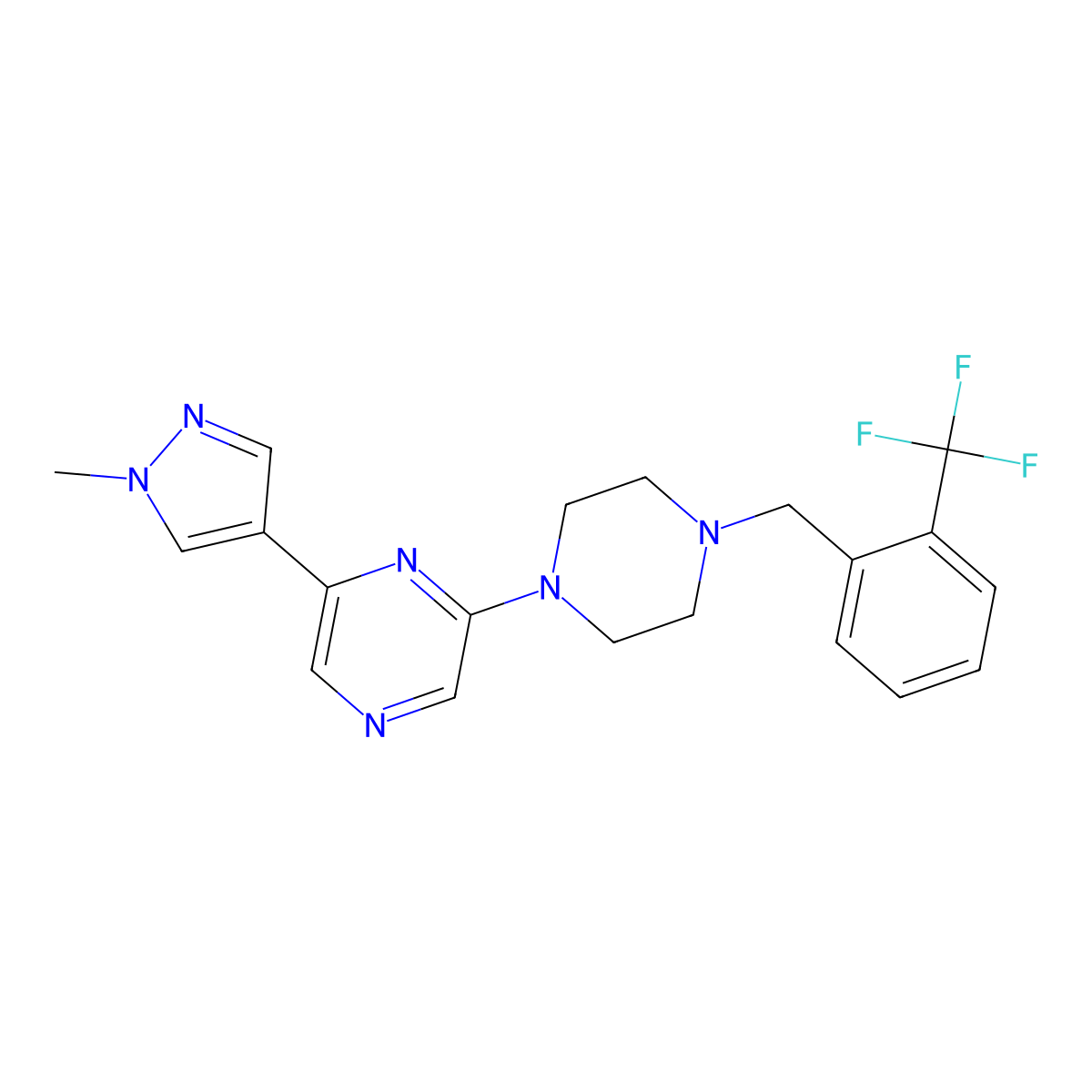 2-(1-methyl-1H-pyrazol-4-yl)-6-(4-{[2-(trifluoromethyl)phenyl]methyl}piperazin-1-yl)pyrazine molecular structure, CAS 2770633-57-1