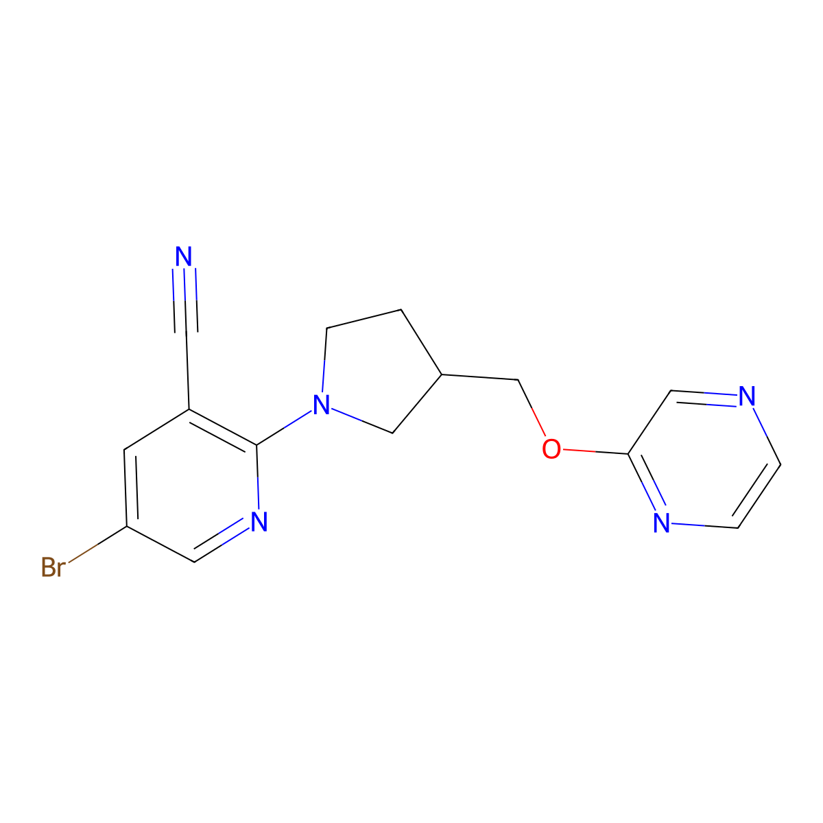 5-Bromo-2-{3-[(pyrazin-2-yloxy)methyl]pyrrolidin-1-yl}pyridine-3-carbonitrile molecular structure, CAS 2770633-65-1