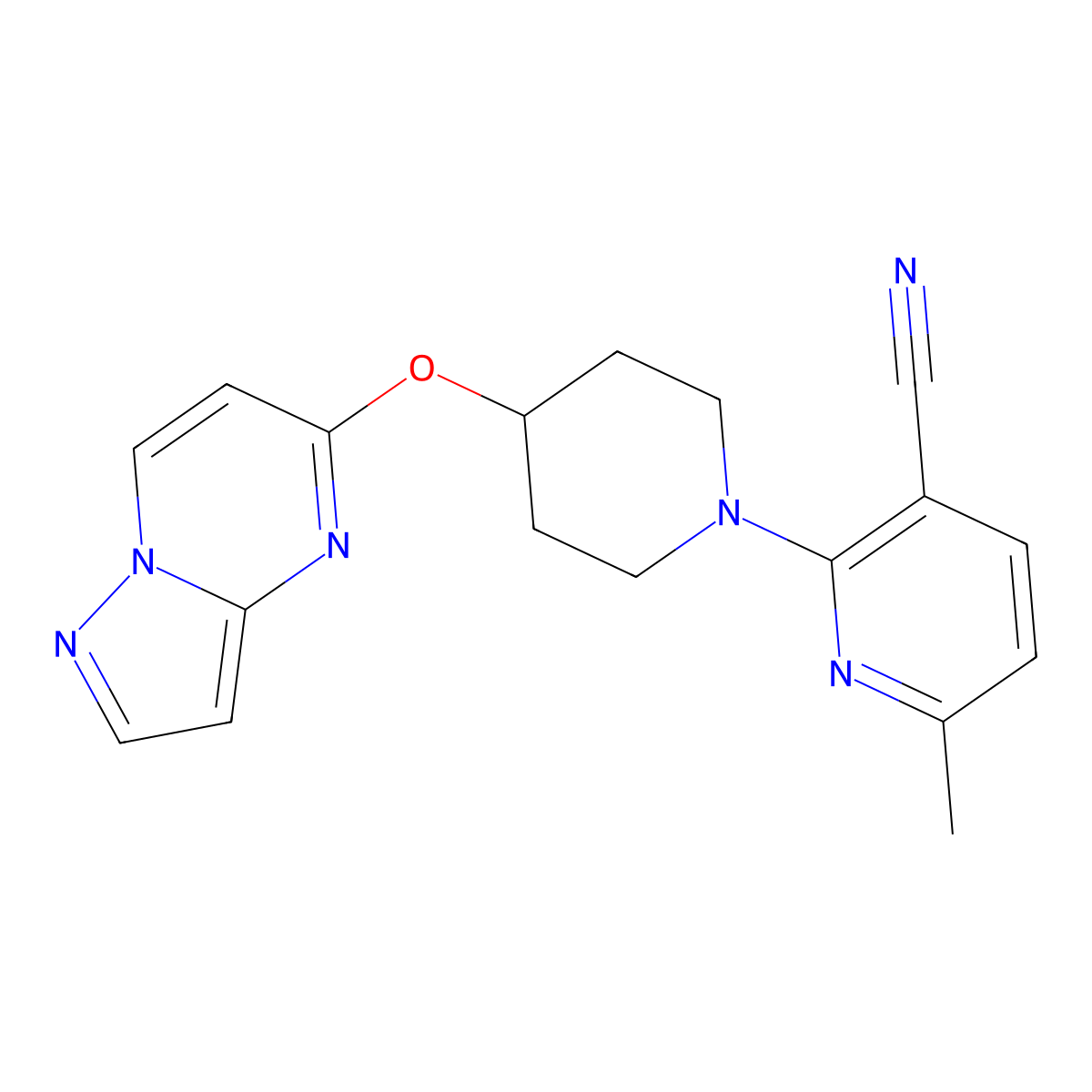 6-Methyl-2-(4-{pyrazolo[1,5-a]pyrimidin-5-yloxy}piperidin-1-yl)pyridine-3-carbonitrile molecular structure, CAS 2770633-79-7