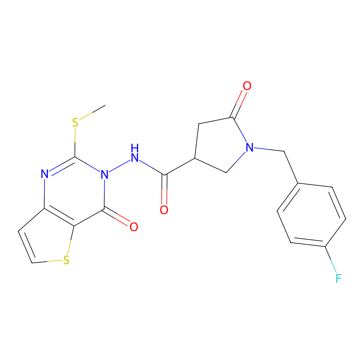 1-[(4-fluorophenyl)methyl]-N-[2-(methylsulfanyl)-4-oxo-3H,4H-thieno[3,2-d]pyrimidin-3-yl]-5-oxopyrrolidine-3-carboxamide molecular structure, CAS 2770633-83-3