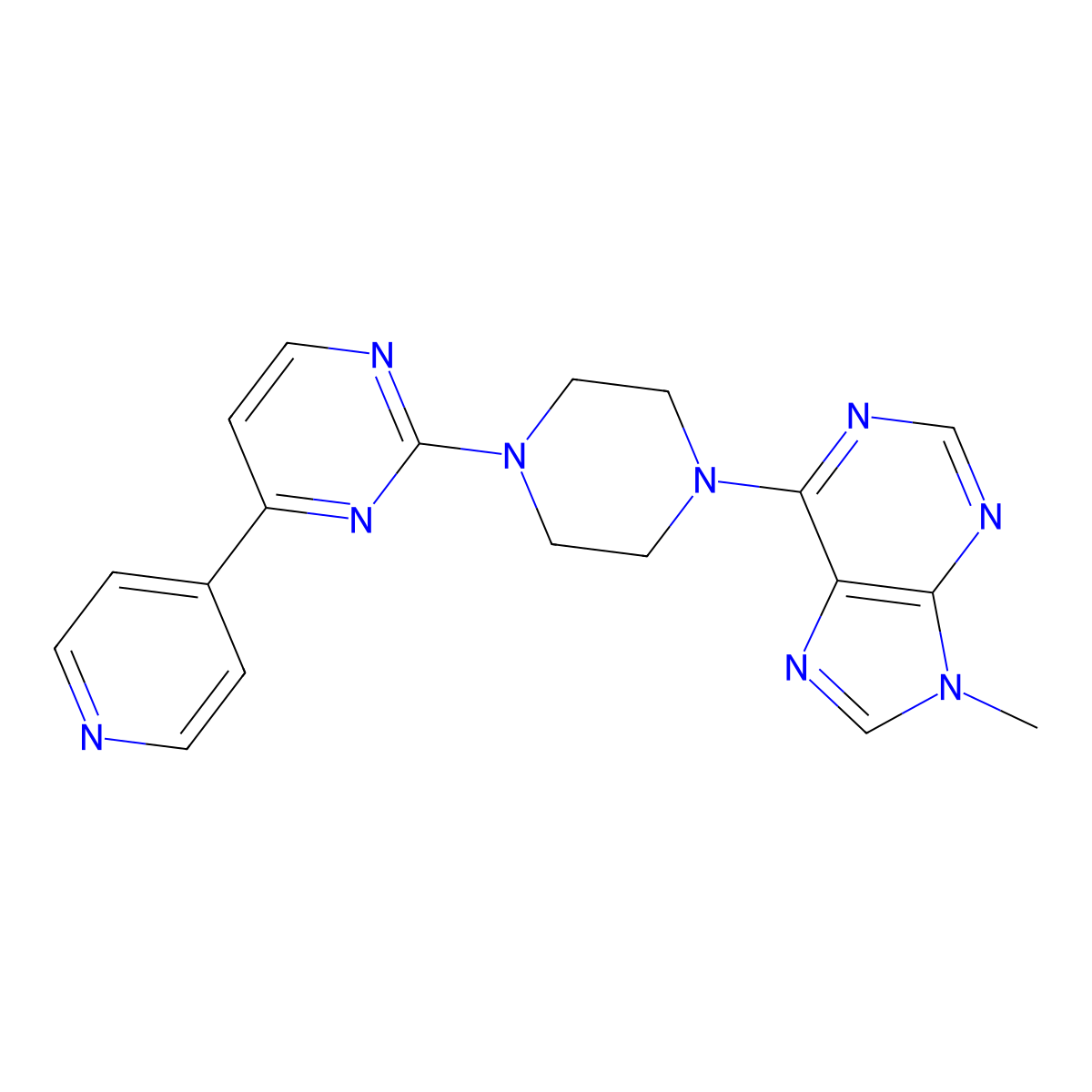 9-methyl-6-{4-[4-(pyridin-4-yl)pyrimidin-2-yl]piperazin-1-yl}-9H-purine molecular structure, CAS 2770633-91-3