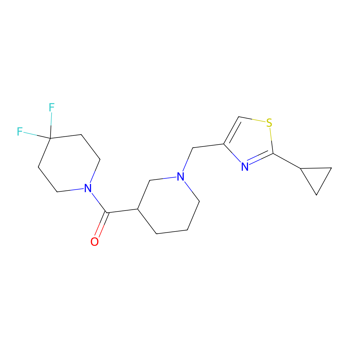 1-{1-[(2-Cyclopropyl-1,3-thiazol-4-yl)methyl]piperidine-3-carbonyl}-4,4-difluoropiperidine molecular structure, CAS 2770633-96-8