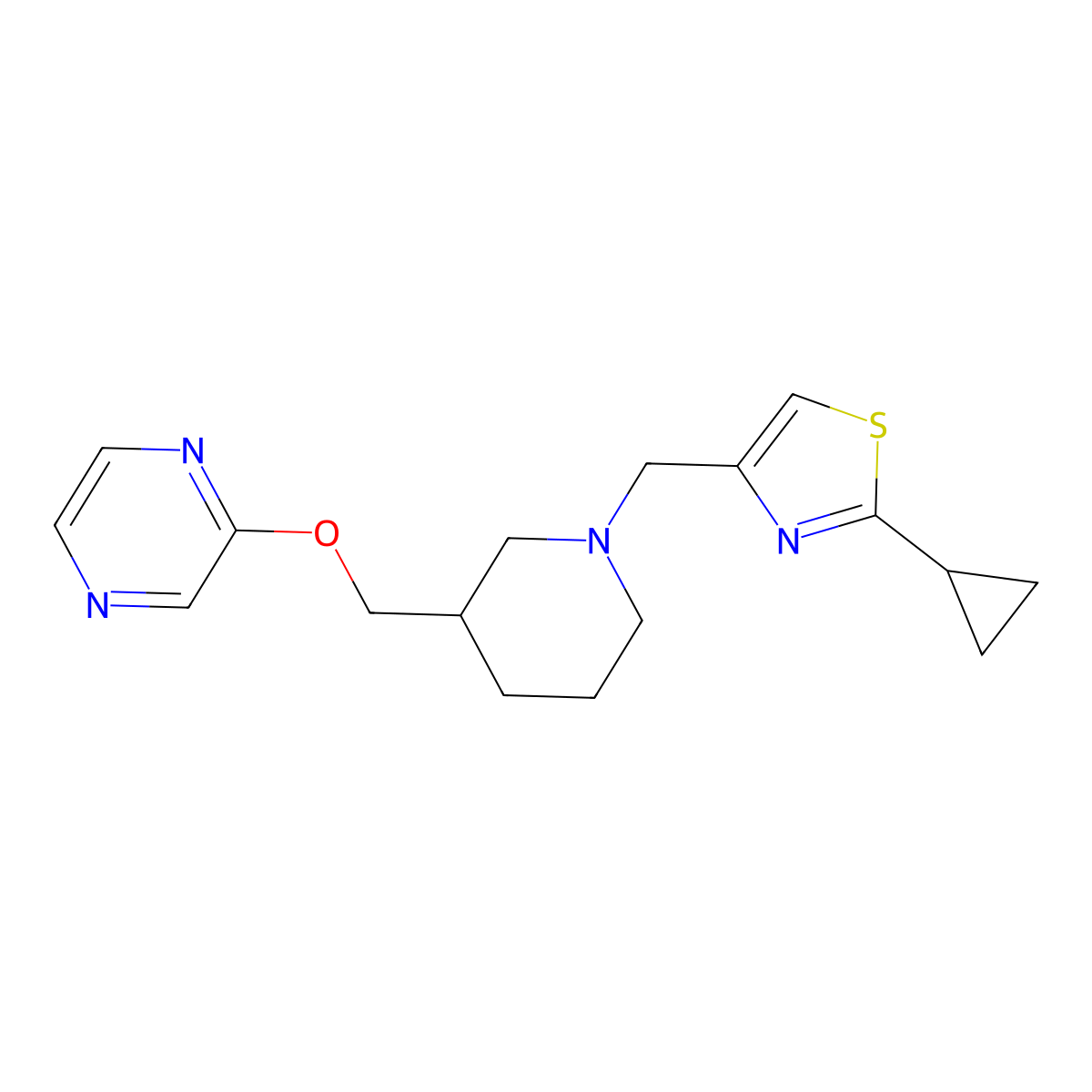 2-({1-[(2-Cyclopropyl-1,3-thiazol-4-yl)methyl]piperidin-3-yl}methoxy)pyrazine molecular structure, CAS 2770634-02-9