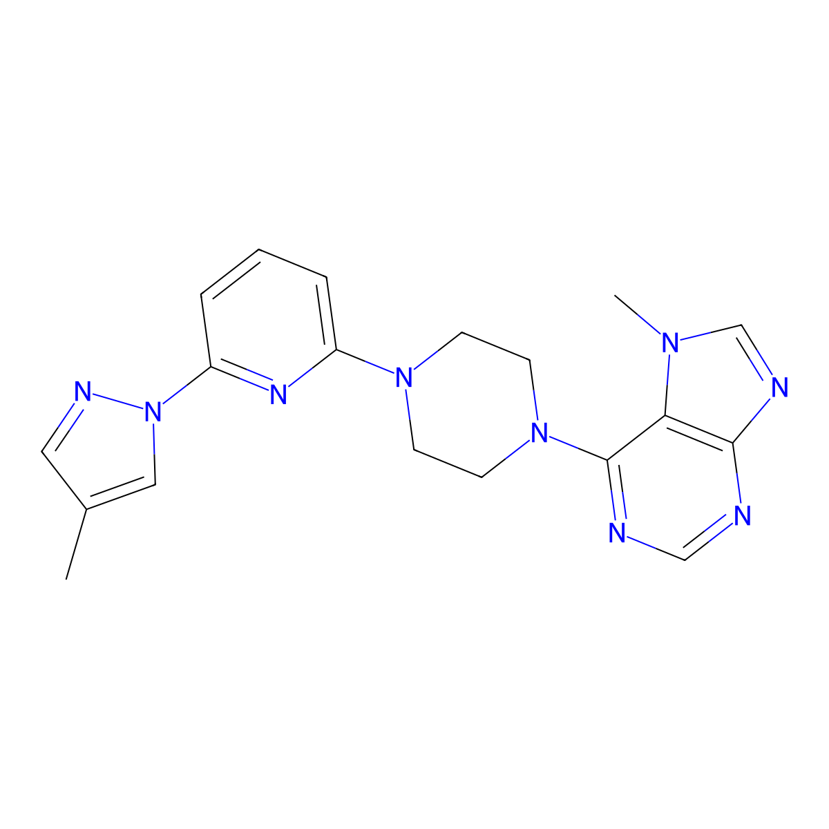7-methyl-6-{4-[6-(4-methyl-1H-pyrazol-1-yl)pyridin-2-yl]piperazin-1-yl}-7H-purine molecular structure, CAS 2770634-05-2