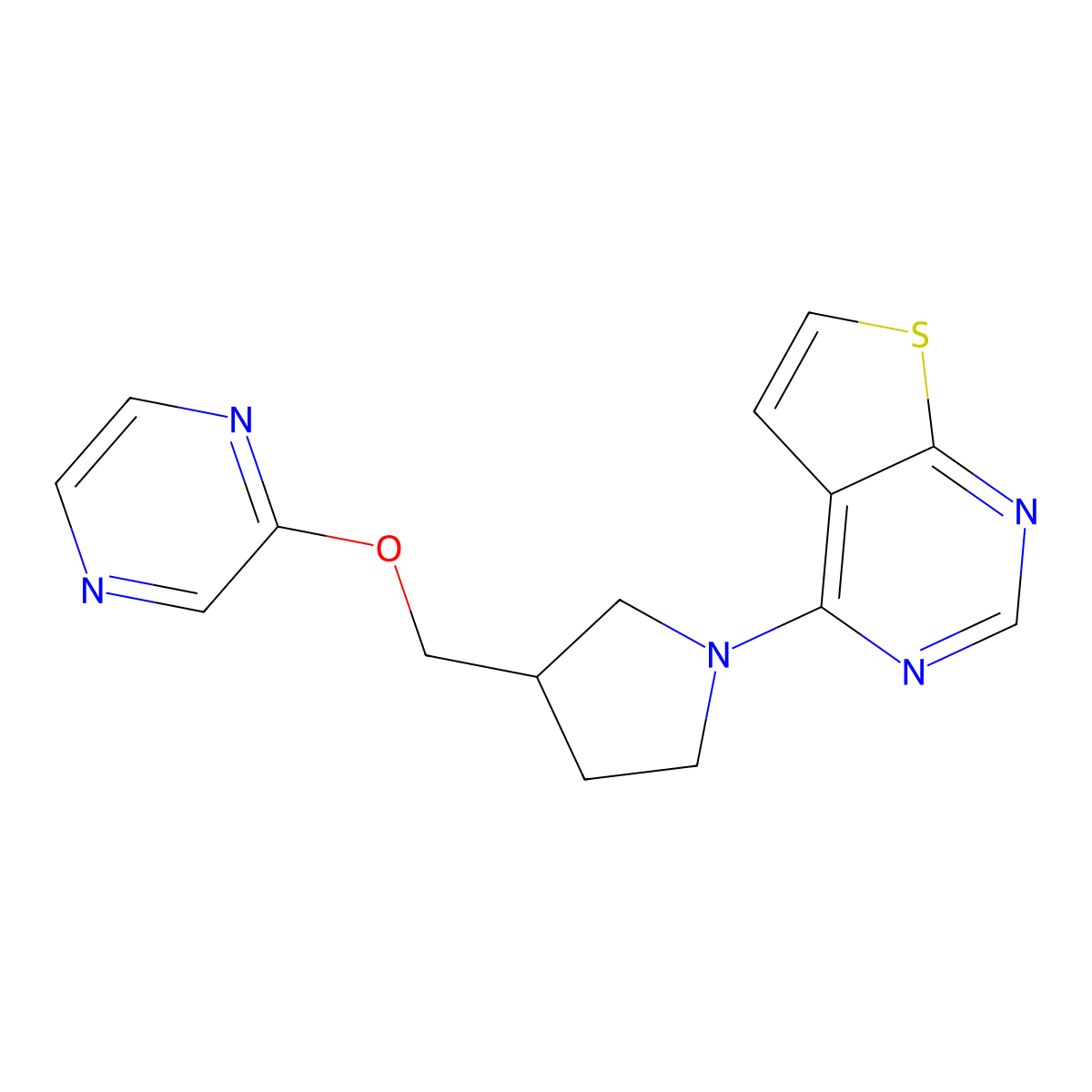 2-[(1-{Thieno[2,3-d]pyrimidin-4-yl}pyrrolidin-3-yl)methoxy]pyrazine molecular structure, CAS 2770634-07-4