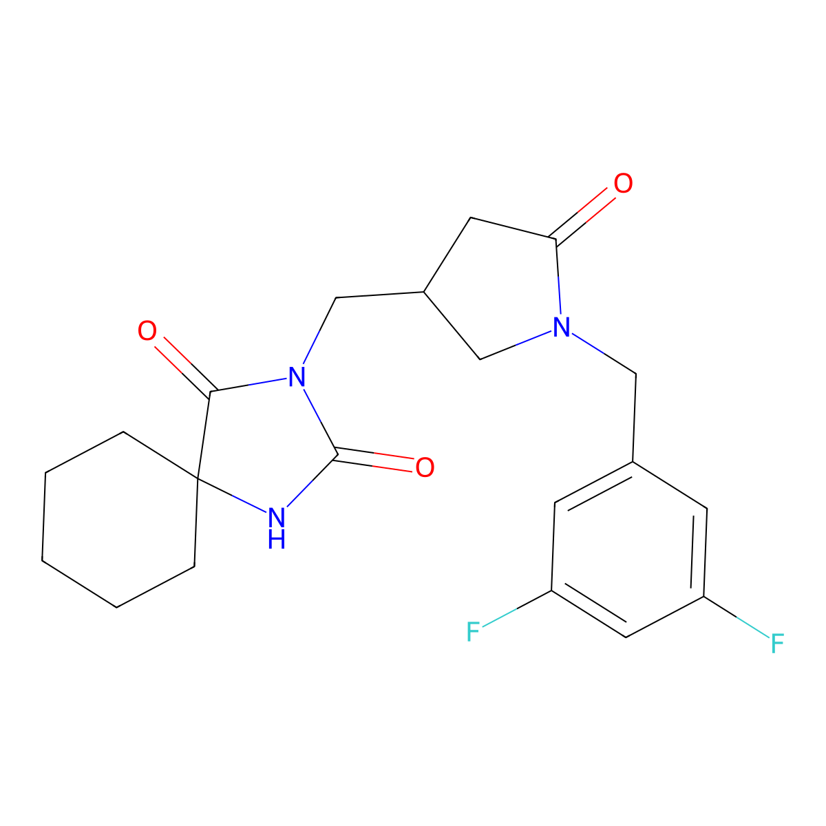3-({1-[(3,5-Difluorophenyl)methyl]-5-oxopyrrolidin-3-yl}methyl)-1,3-diazaspiro[4.5]decane-2,4-dione molecular structure, CAS 2770634-11-0