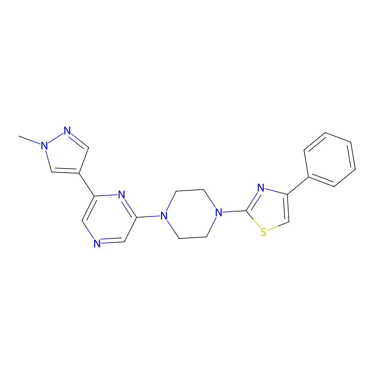 2-(1-methyl-1H-pyrazol-4-yl)-6-[4-(4-phenyl-1,3-thiazol-2-yl)piperazin-1-yl]pyrazine molecular structure, CAS 2770634-20-1