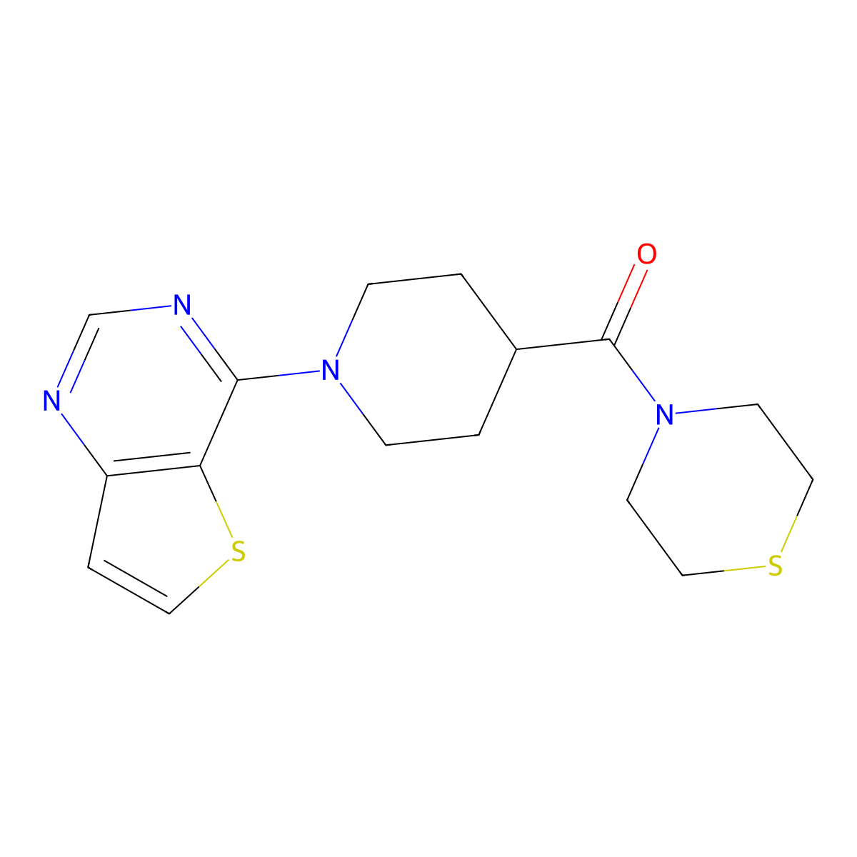 4-(1-{Thieno[3,2-d]pyrimidin-4-yl}piperidine-4-carbonyl)thiomorpholine molecular structure, CAS 2770634-26-7