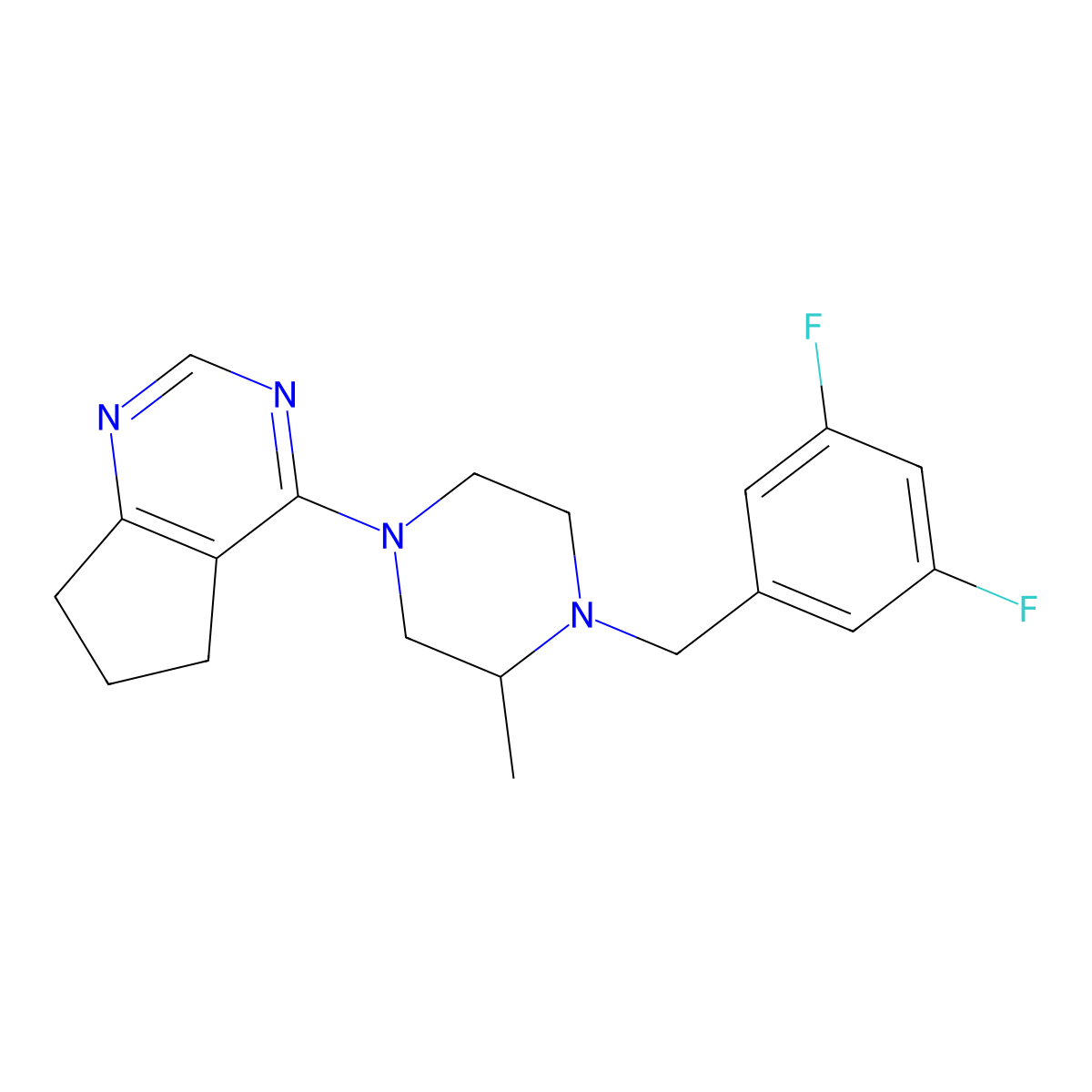 4-{5H,6H,7H-cyclopenta[d]pyrimidin-4-yl}-1-[(3,5-difluorophenyl)methyl]-2-methylpiperazine molecular structure, CAS 2770634-35-8