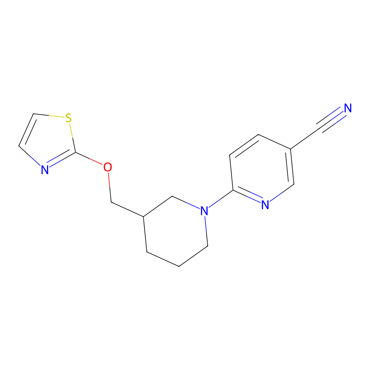 6-{3-[(1,3-Thiazol-2-yloxy)methyl]piperidin-1-yl}pyridine-3-carbonitrile molecular structure, CAS 2770634-37-0