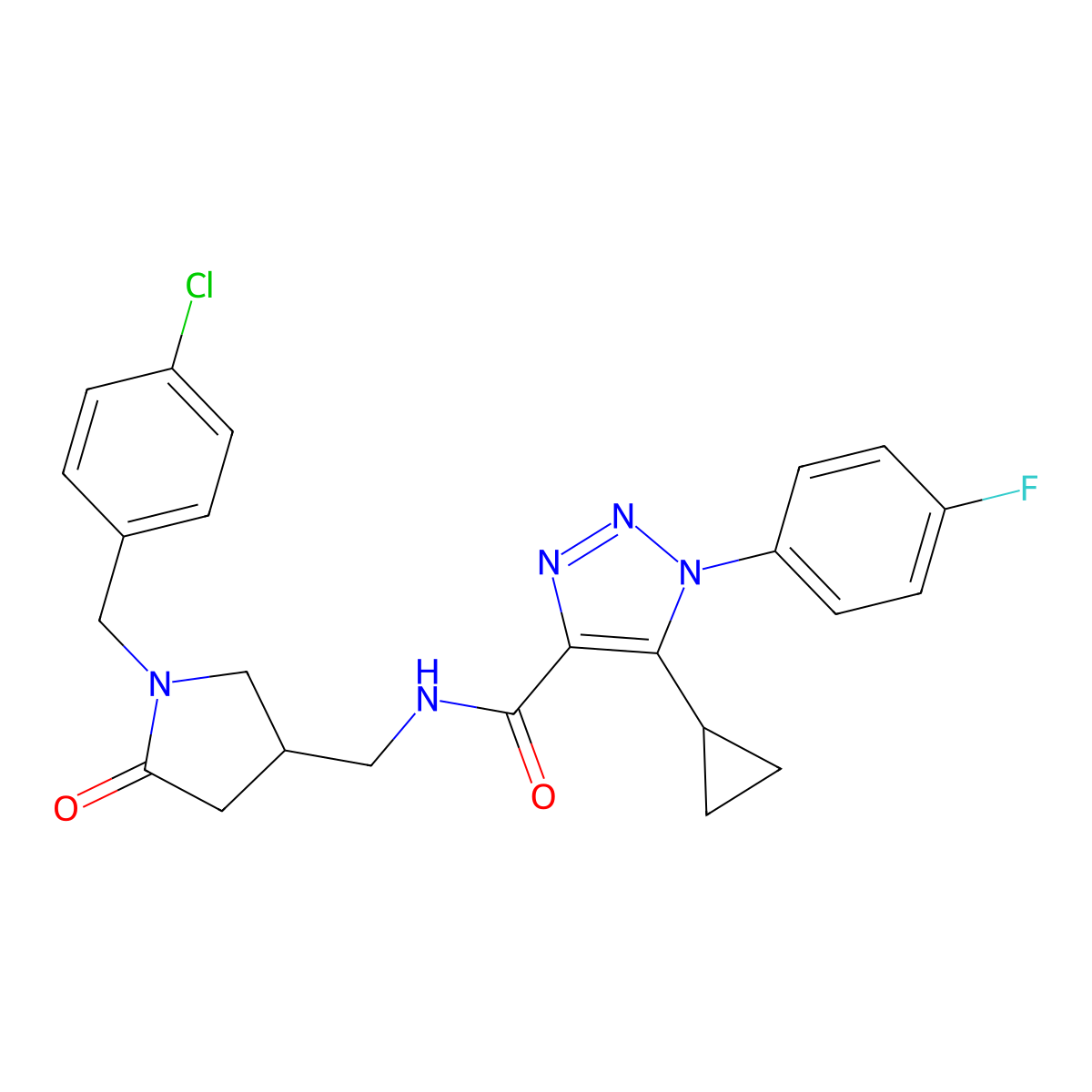 N-({1-[(4-chlorophenyl)methyl]-5-oxopyrrolidin-3-yl}methyl)-5-cyclopropyl-1-(4-fluorophenyl)-1H-1,2,3-triazole-4-carboxamide molecular structure, CAS 2770634-38-1