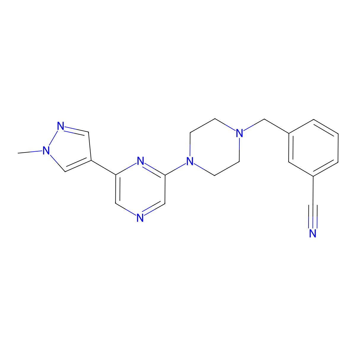 3-({4-[6-(1-methyl-1H-pyrazol-4-yl)pyrazin-2-yl]piperazin-1-yl}methyl)benzonitrile molecular structure, CAS 2770634-40-5
