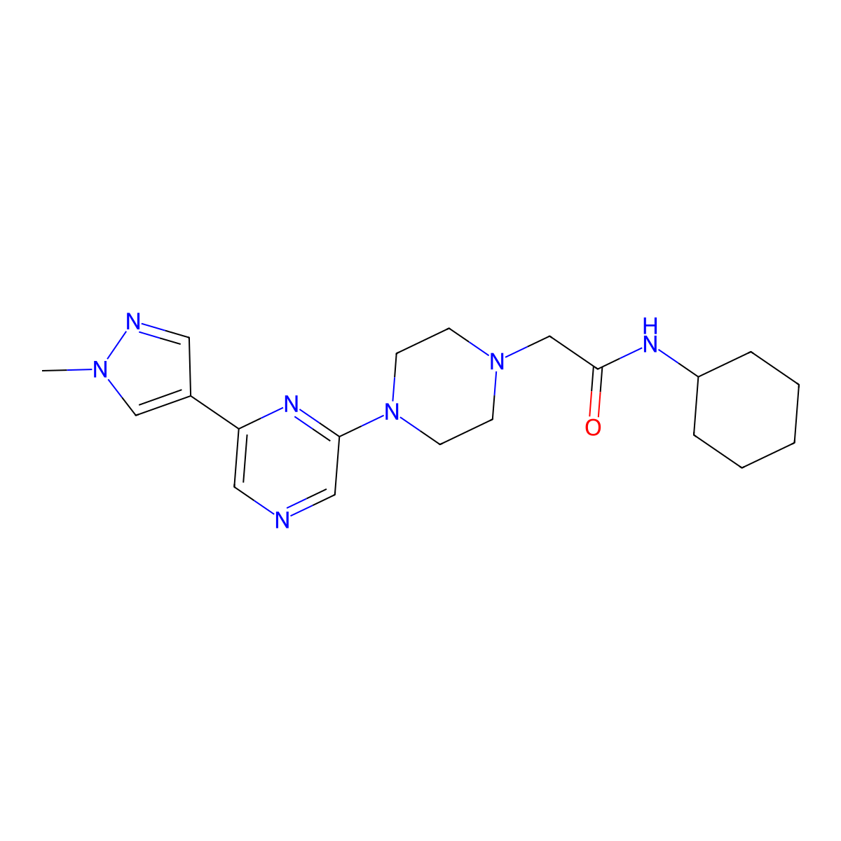 N-cyclohexyl-2-{4-[6-(1-methyl-1H-pyrazol-4-yl)pyrazin-2-yl]piperazin-1-yl}acetamide molecular structure, CAS 2770634-41-6