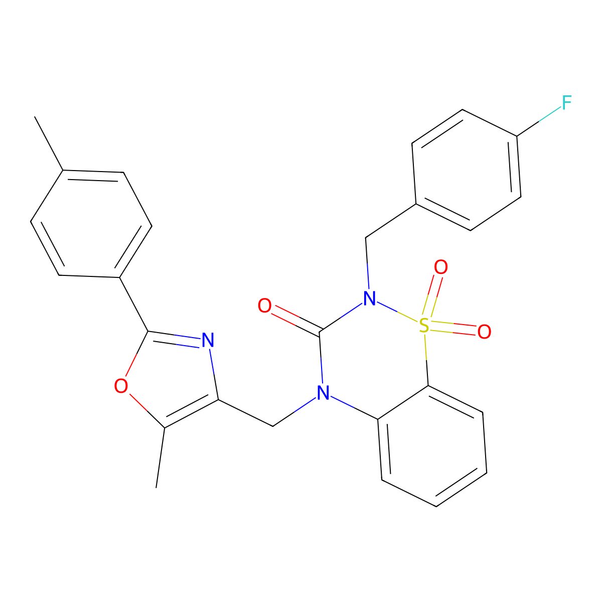 2-[(4-Fluorophenyl)methyl]-4-[[5-methyl-2-(4-methylphenyl)-1,3-oxazol-4-yl]methyl]-1,1-dioxo-1lambda6,2,4-benzothiadiazin-3-one molecular structure, CAS 2770634-47-2