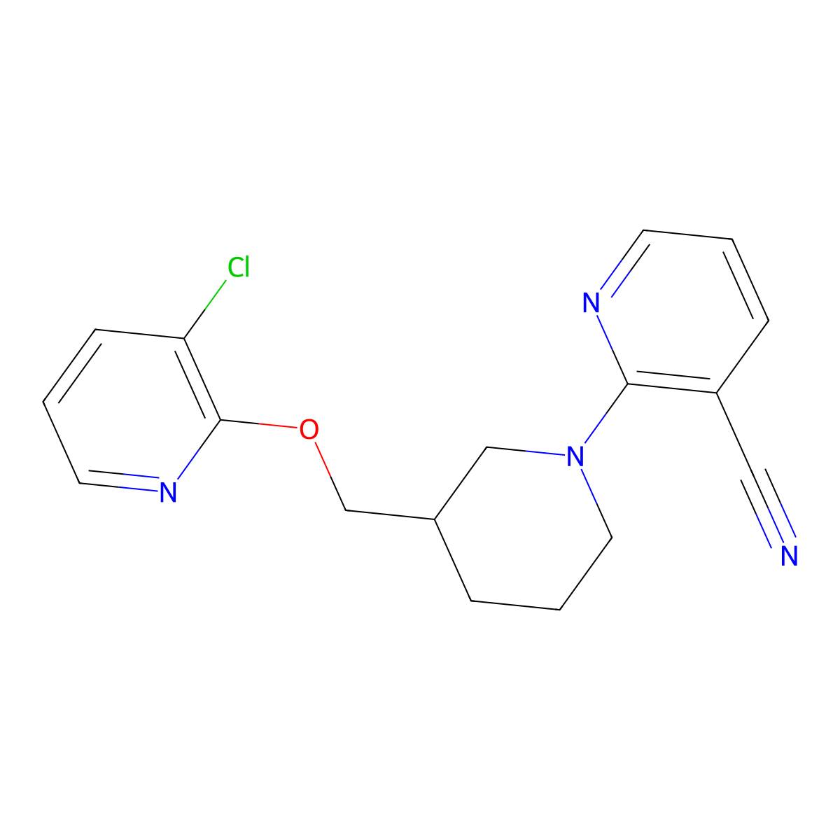 2-(3-{[(3-Chloropyridin-2-yl)oxy]methyl}piperidin-1-yl)pyridine-3-carbonitrile molecular structure, CAS 2770634-67-6