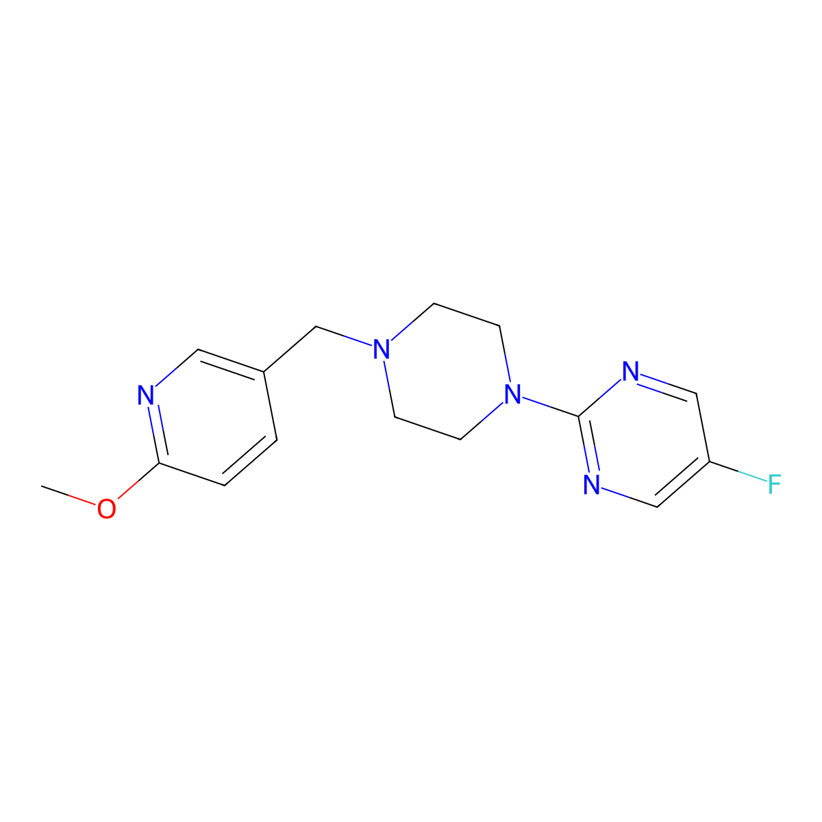 5-Fluoro-2-{4-[(6-methoxypyridin-3-yl)methyl]piperazin-1-yl}pyrimidine molecular structure, CAS 2770634-74-5