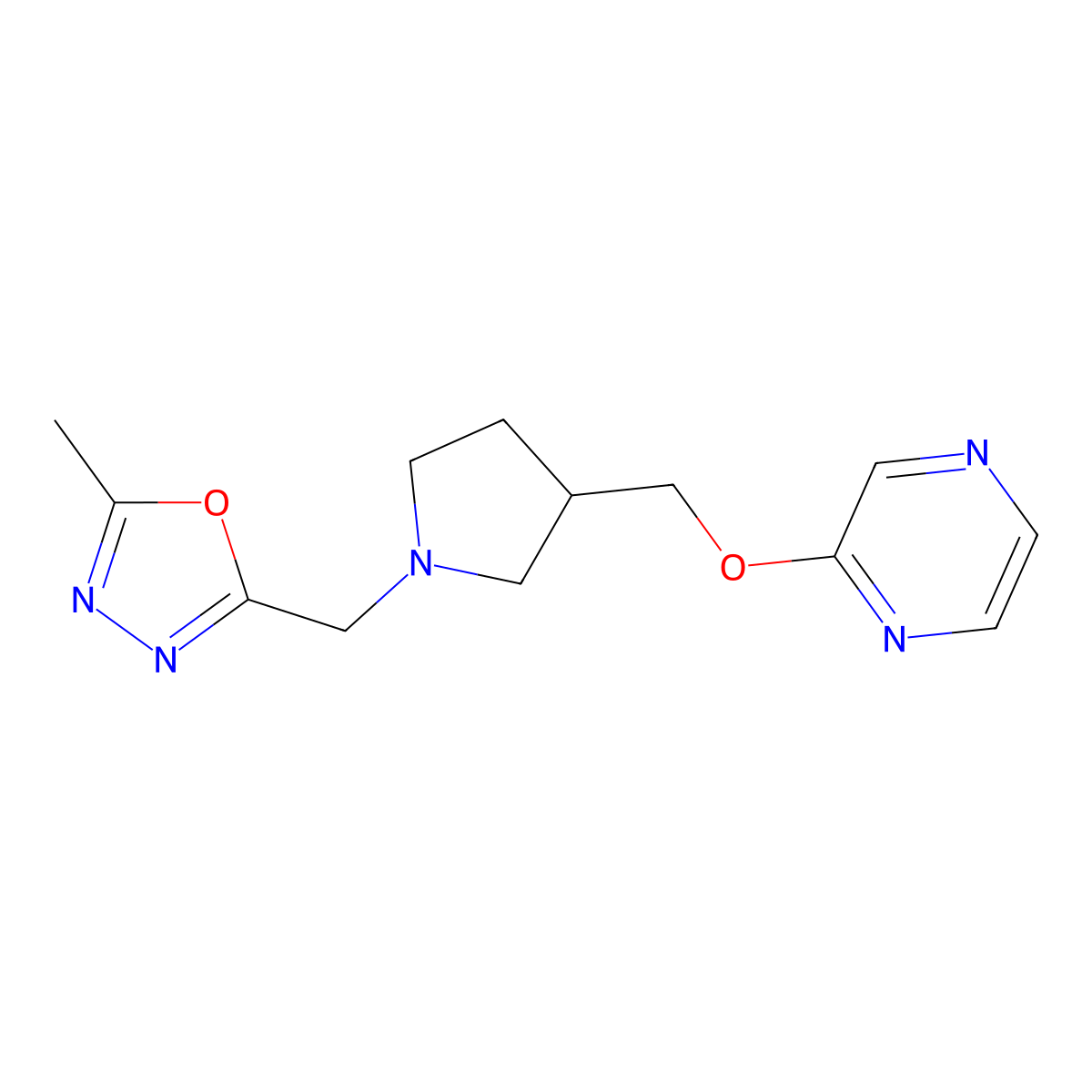 2-({1-[(5-Methyl-1,3,4-oxadiazol-2-yl)methyl]pyrrolidin-3-yl}methoxy)pyrazine molecular structure, CAS 2770634-76-7