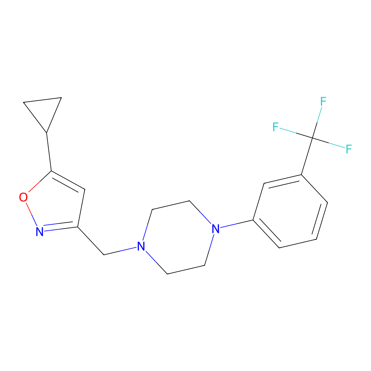 1-[(5-Cyclopropyl-1,2-oxazol-3-yl)methyl]-4-[3-(trifluoromethyl)phenyl]piperazine molecular structure, CAS 2770634-84-7
